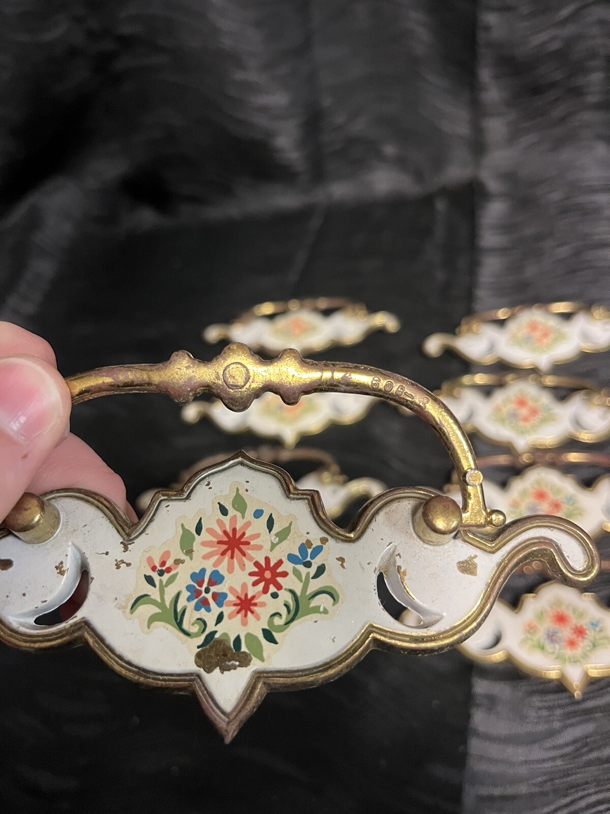 8pc Vintage Brass Drop Bale Dresser Cabinet Drawer Pulls White Floral Design