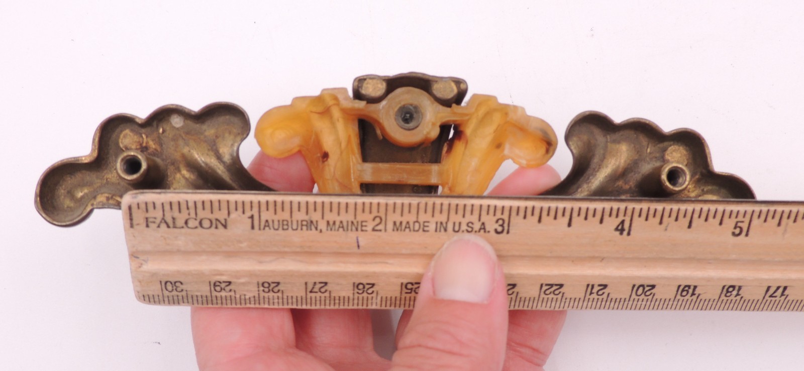 2 Art Deco Drawer Pull w/ Bakelite Vintage Knob Brasstone Waterfall Handle Set