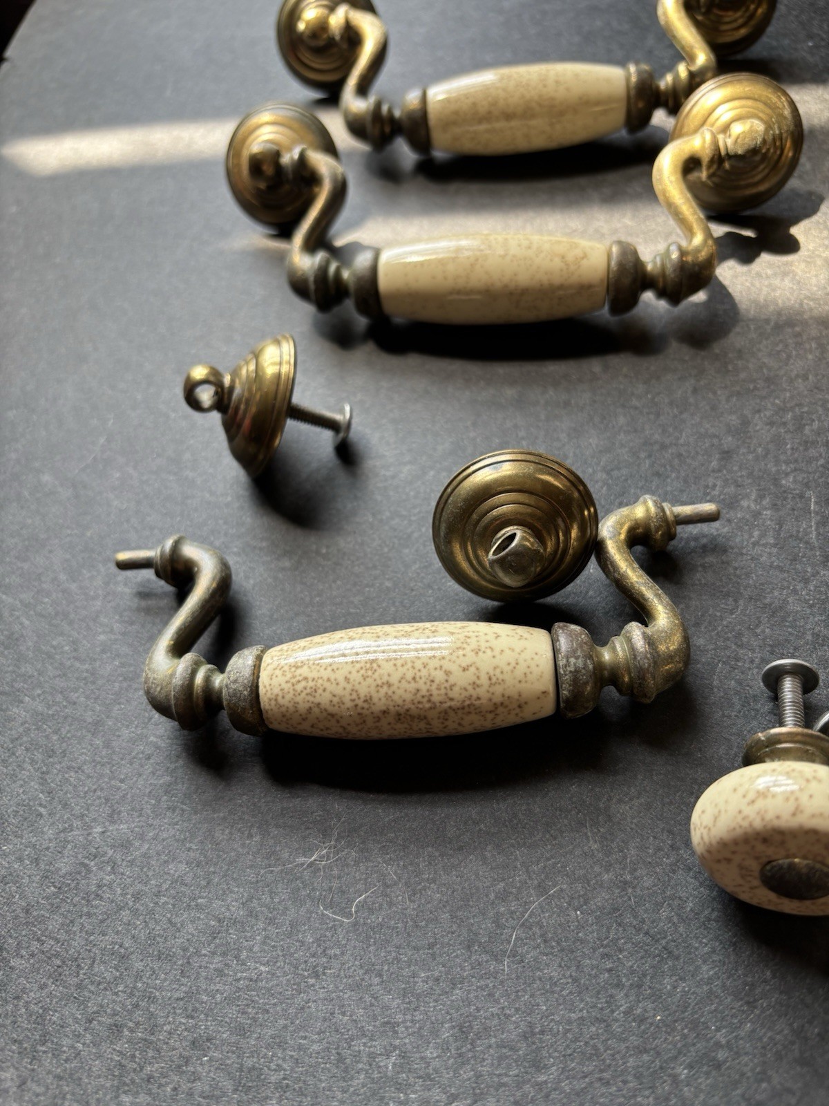 Brass And Porcelain Drawer Handles 4 1/2 Inch 6 Handles 3 Knobs Vintage Pulls