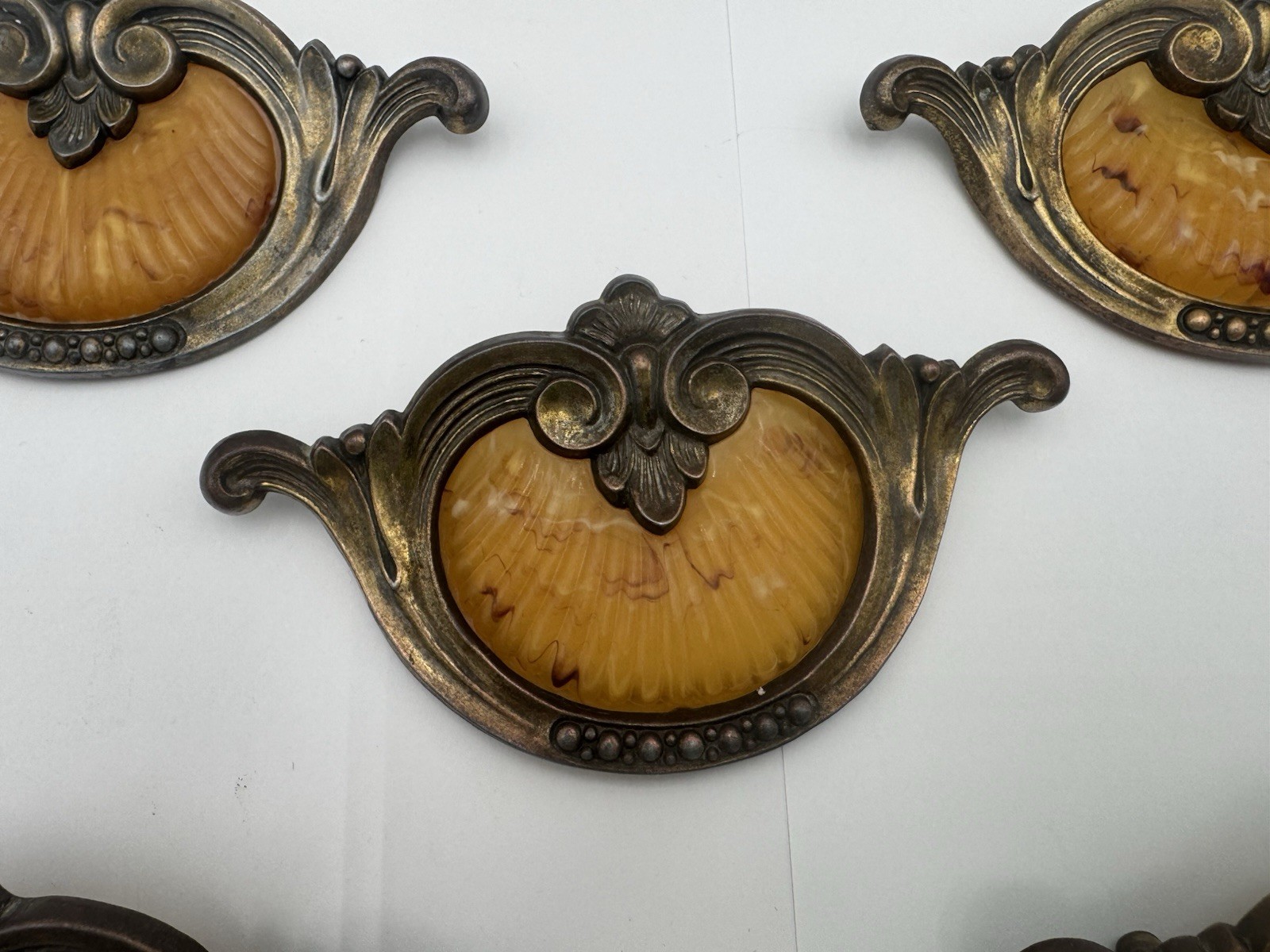 5 Antique Keeler Brass Waterfall Shell Handle Bakelite Dresser Pulls Beautiful