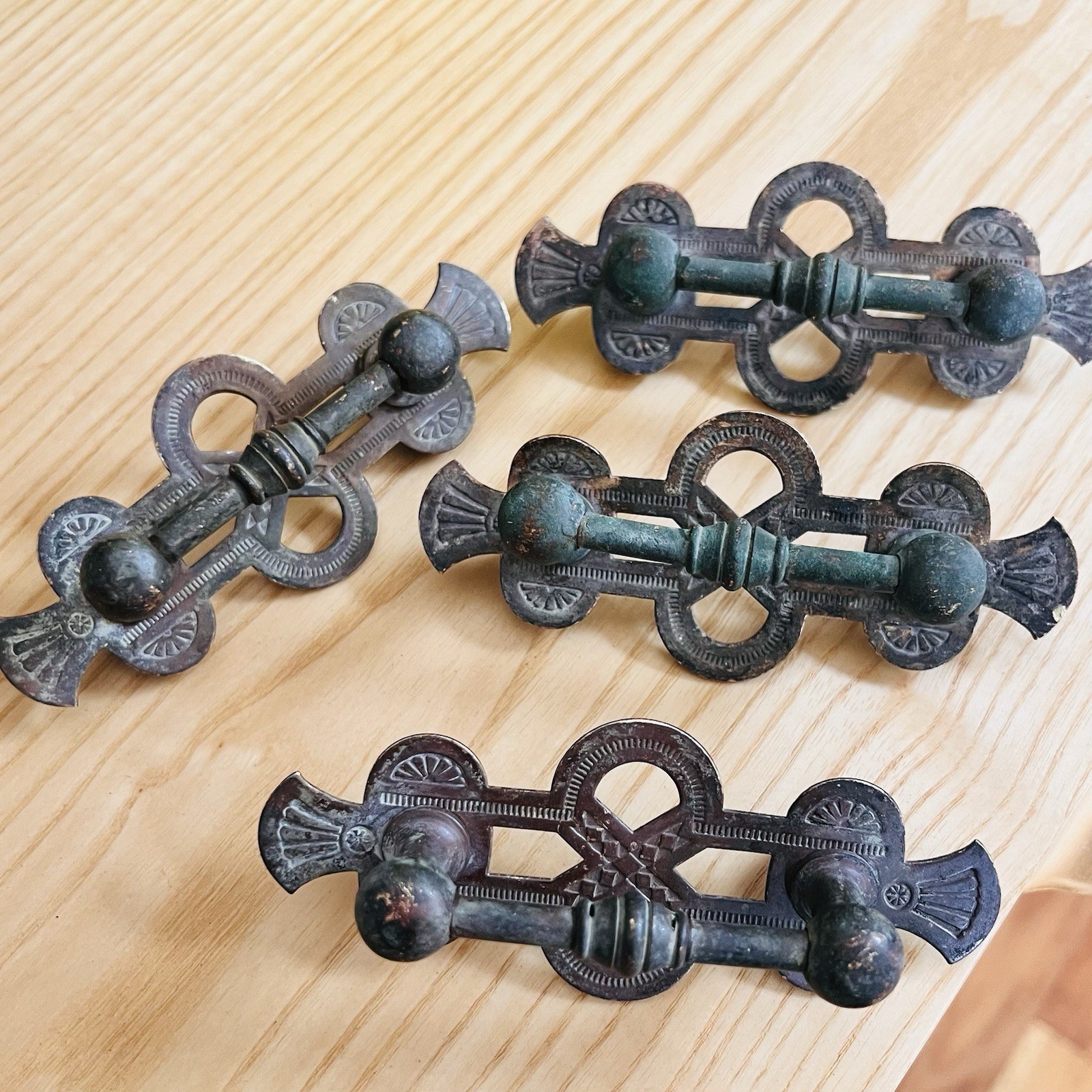 Set of 4 Antique Eastlake / Spanish Revival Drop Drawer Pulls Aesthetic Movement