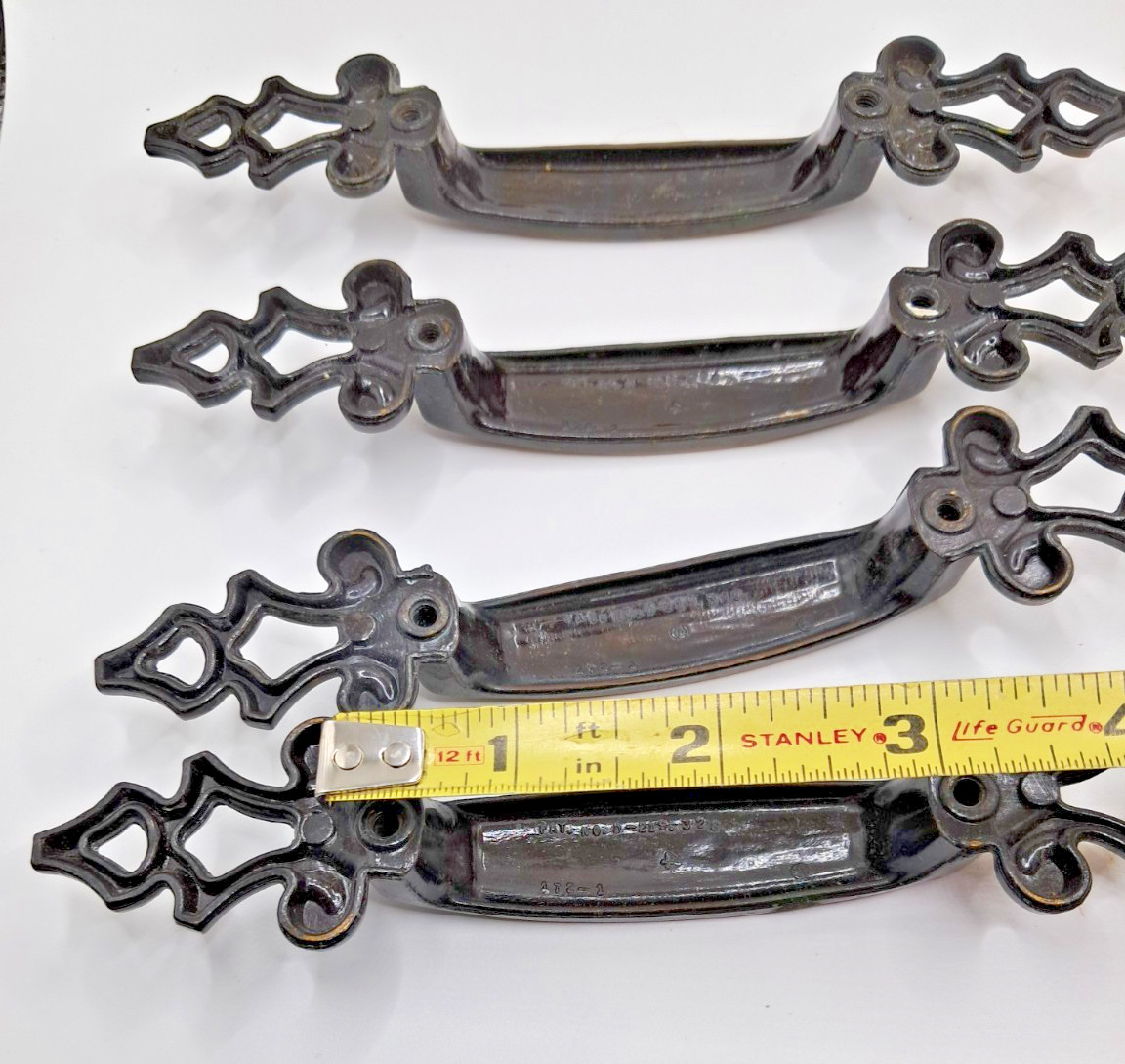 4 Vtg Spanish Gothic Brass Drawer Cabinet Pulls 3″ Hole 6.5″ L Pat D-219328