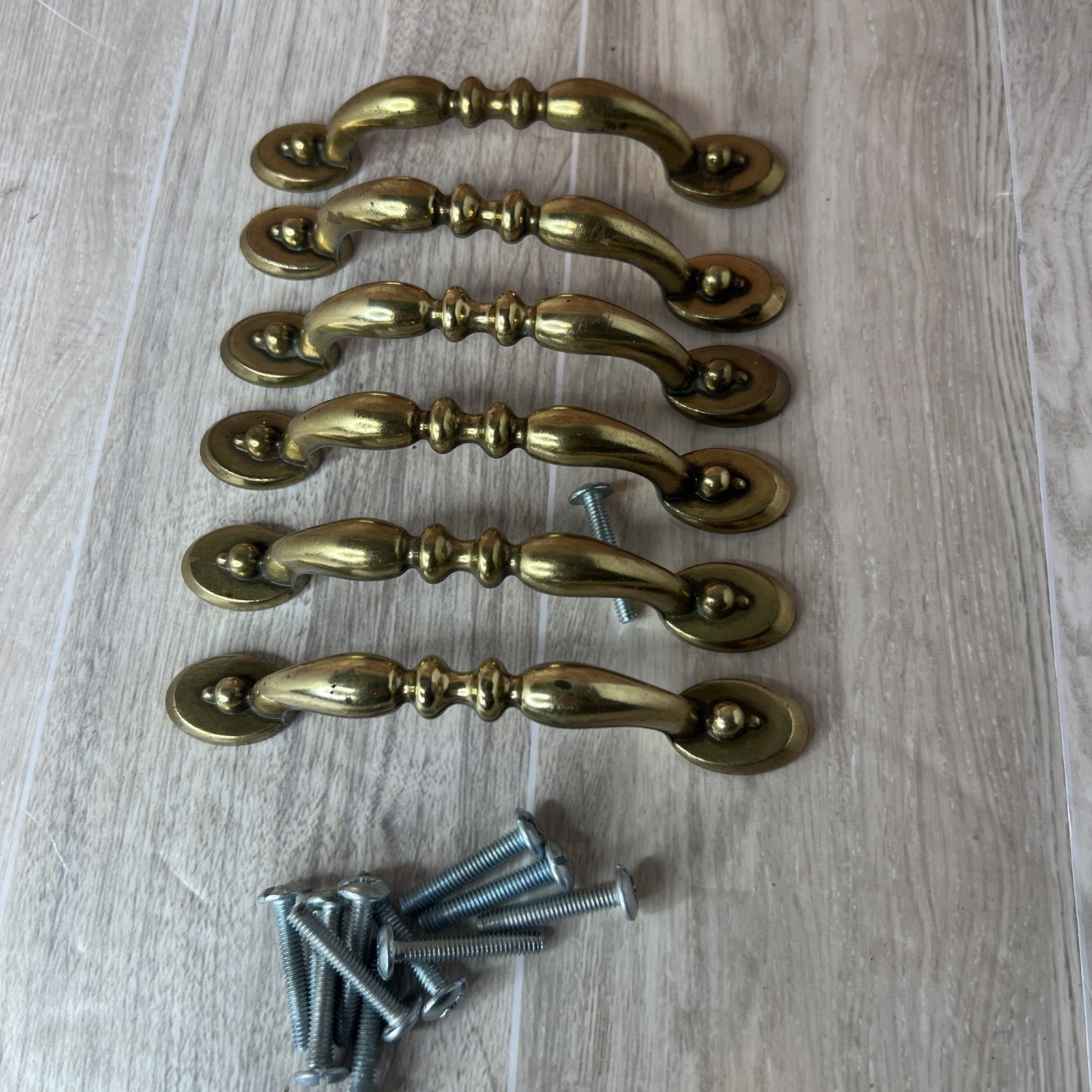 6 Antique Brass Cabinet Handles 3 Inch on Center with Screws.