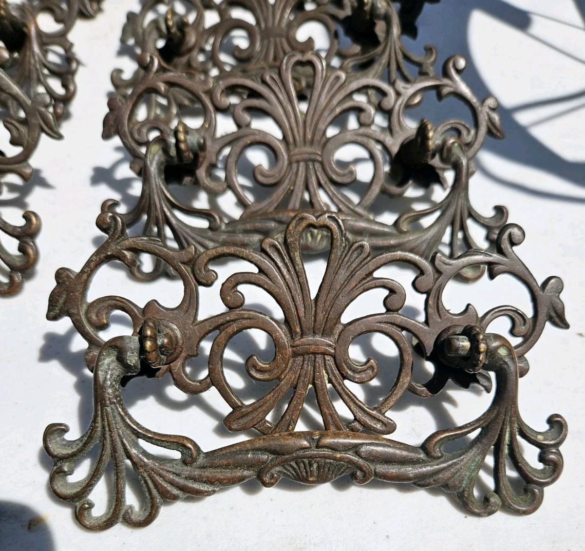Antique Drawer Pulls Handles Old Furniture Vintage Brass Hardware 5 1/2″ x 3″