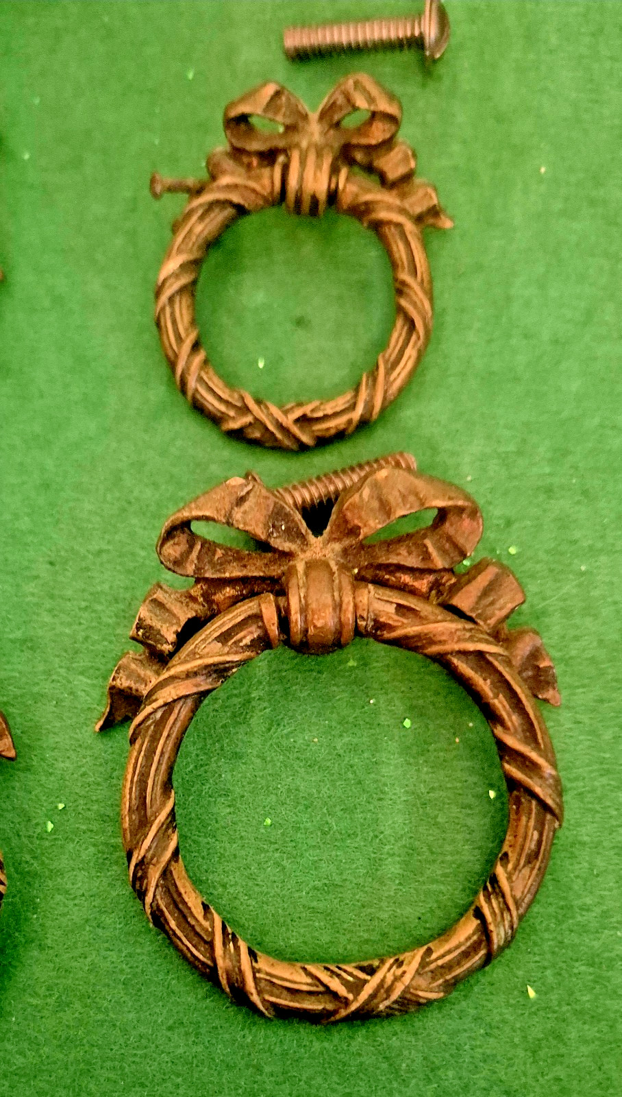 Antique Ribbon And Bow Ornate Bronze Brass Drawer Pull Rings 12 Set Art Nouveau!