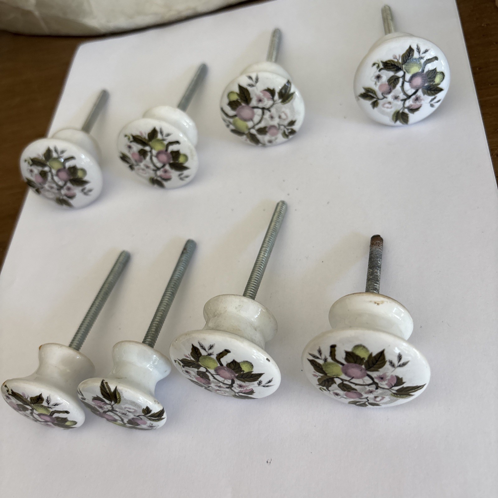 Vtg Porcelain Pulls/Knobs, White Painted Cherry Blossom Floral Design~Lot of 8