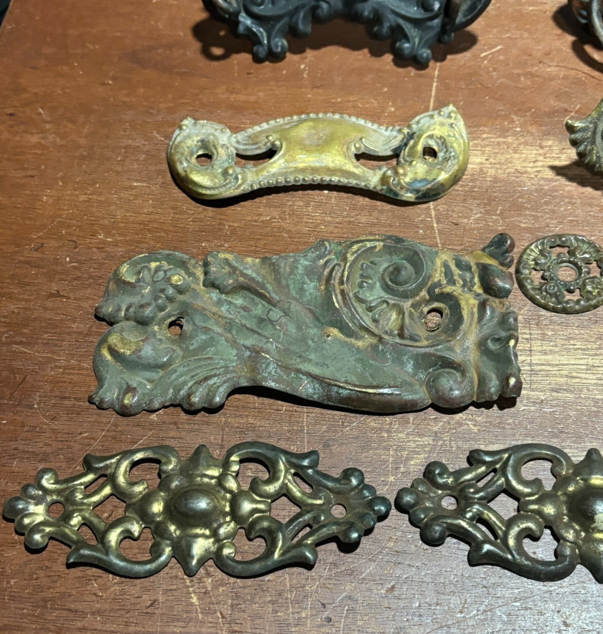 Lot of 9 Mixed Ornate Vintage Pressed Metal Drawer Backplates one with Pull
