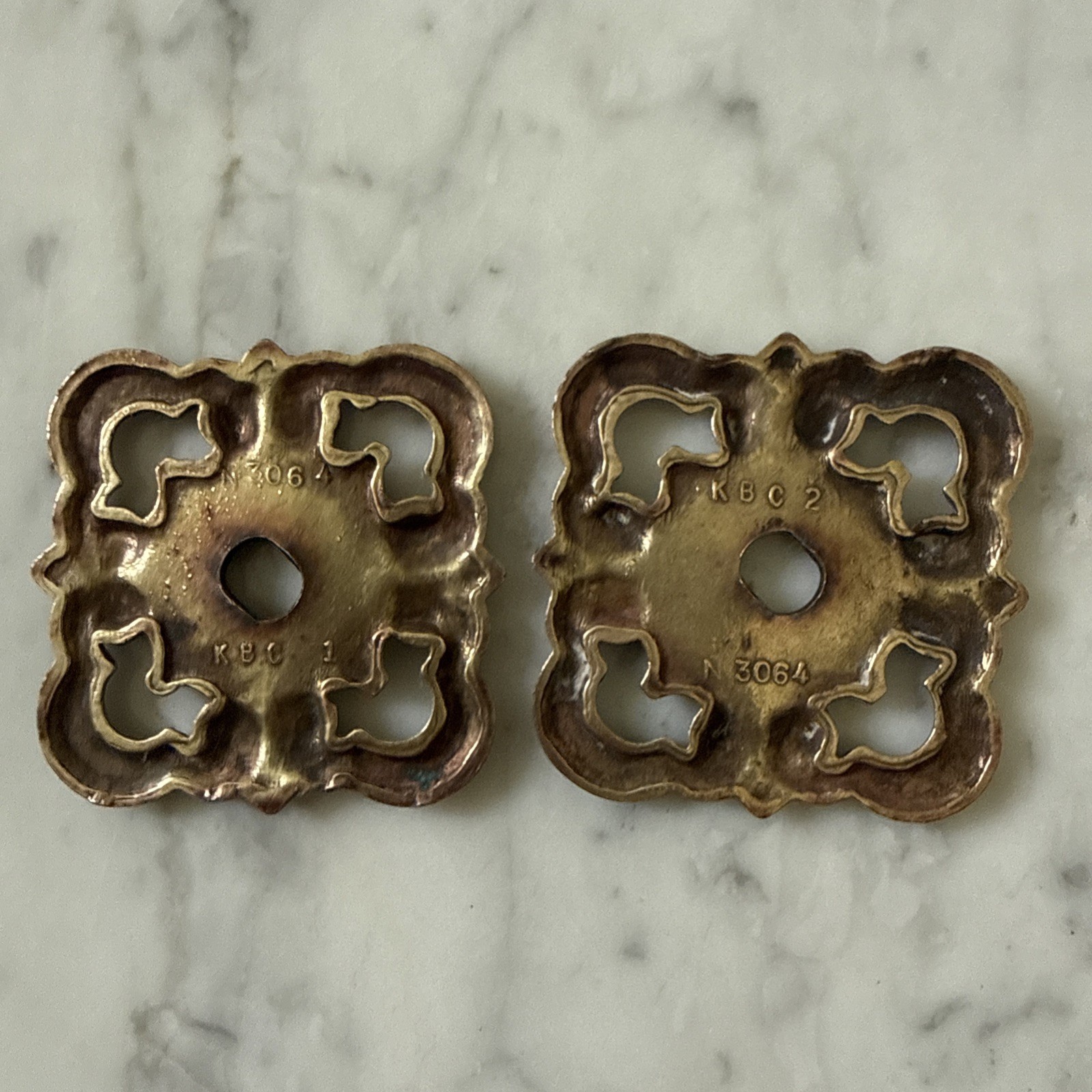 Pair of Vintage KBC Ornate Small Square Backplate (KBC brass co, style N3064)