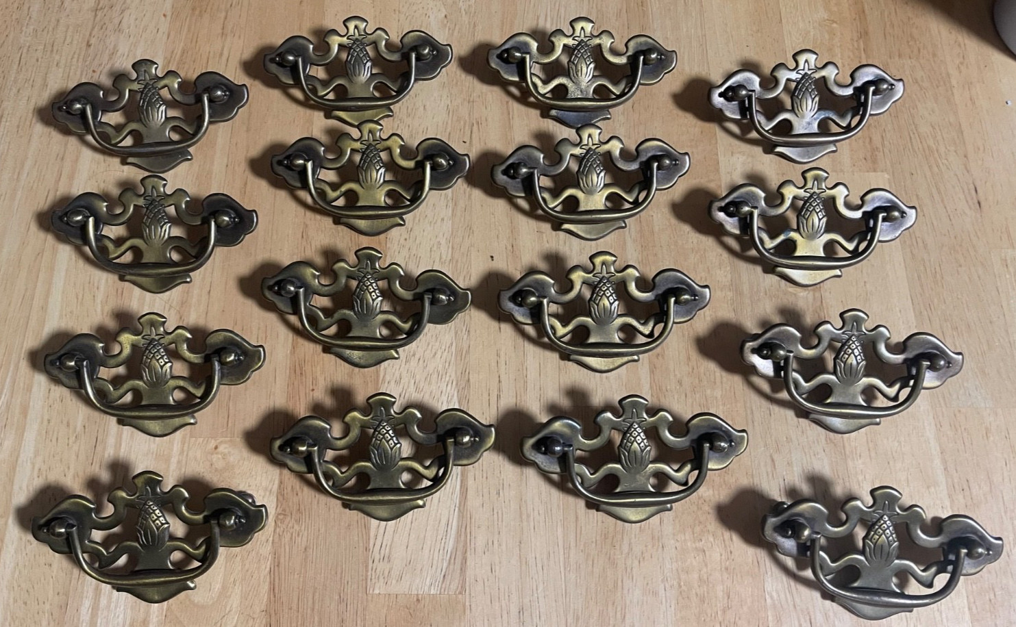 16 Pc VTG Bassett Aged Brass Pineapple Drop Bail Drawer Pull Handles w/ Screws