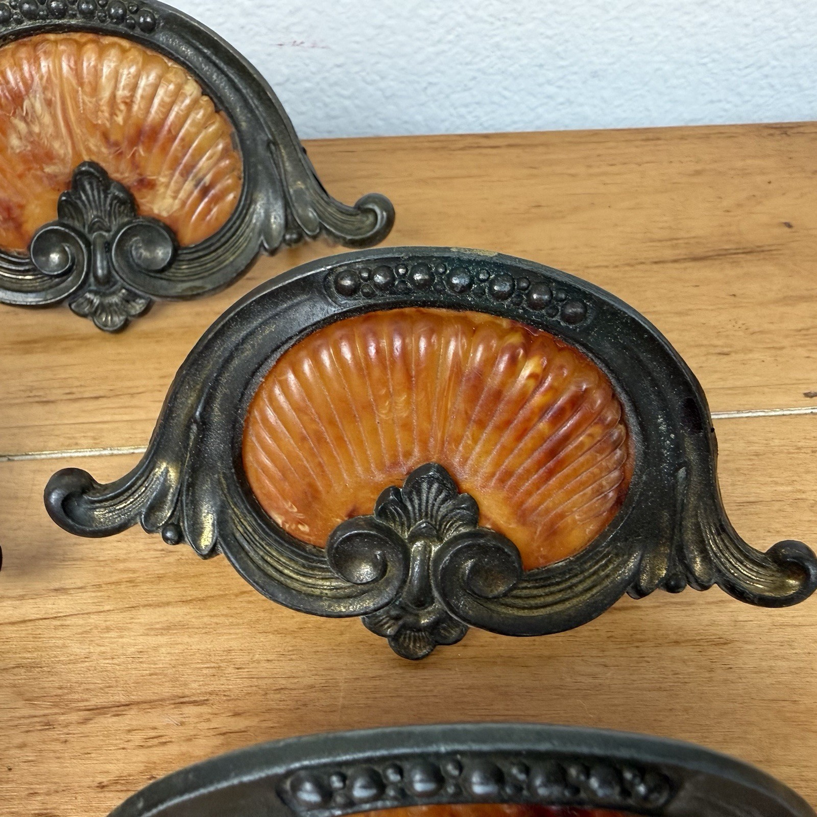 5 Vintage 1930’s-1940’s Keeler Art Deco Celluloid & Brass Original Drawer Pulls