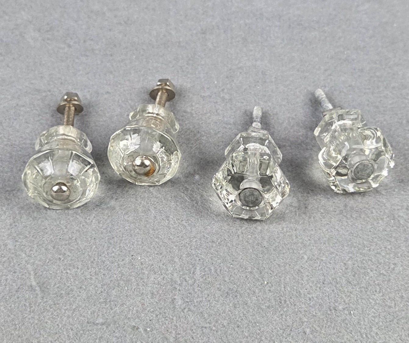 4 Vintage Clear Glass Drawer Pull Knobs Unmatched Sets 2 Hexagonal & 2 Decagonal