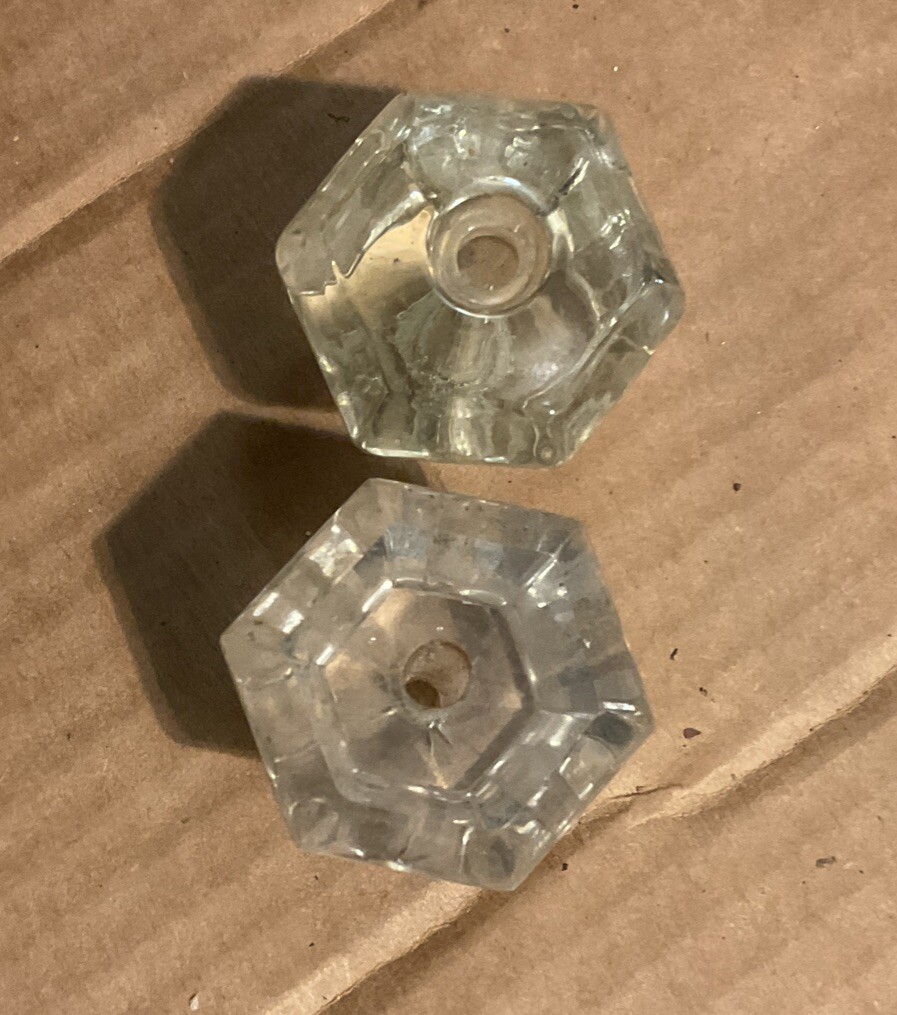 2 Antique Vintage Clear Glass Hexagon 6 sided 1.25″ x 1 .25″ Drawer Cabinet Knob