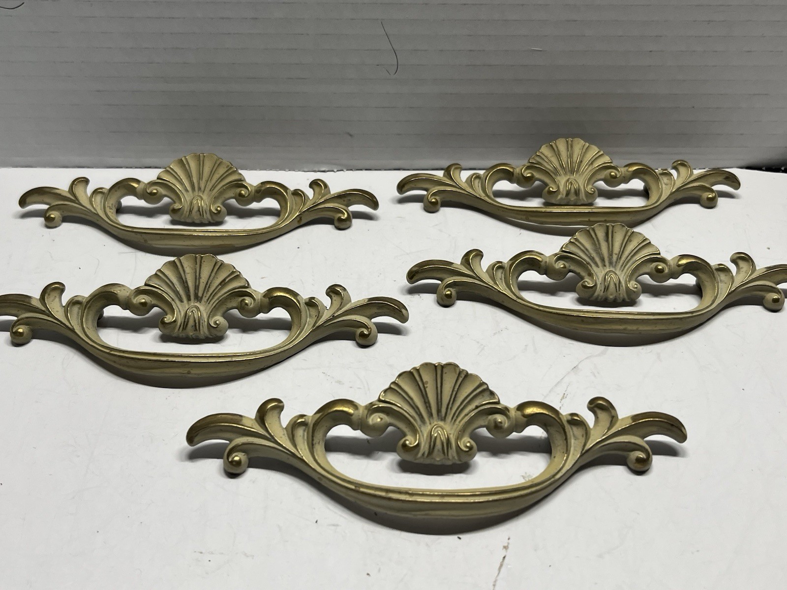 Vintage Lot (5) NOS KBC Brass & Beige Whitewash Shell Design Fixed Drawer Pulls