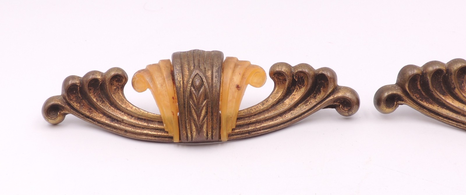 2 Art Deco Drawer Pull w/ Bakelite Vintage Knob Brasstone Waterfall Handle Set