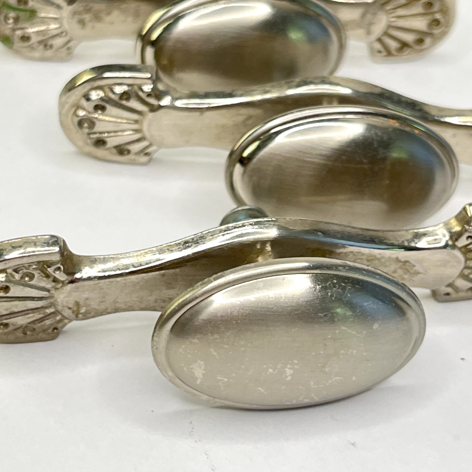 Four Vintage Drawer Pulls Handles Lot of Oval Knobs brushed nickel plate C