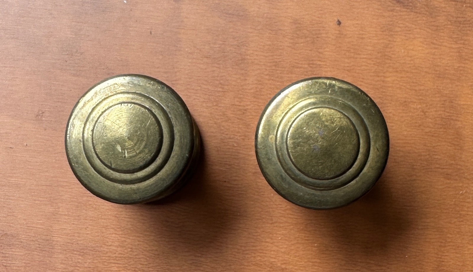 Pair Vintage Small Solid Brass Desk, Dentist Chest, Tool Box Drawer Knobs 3/4″