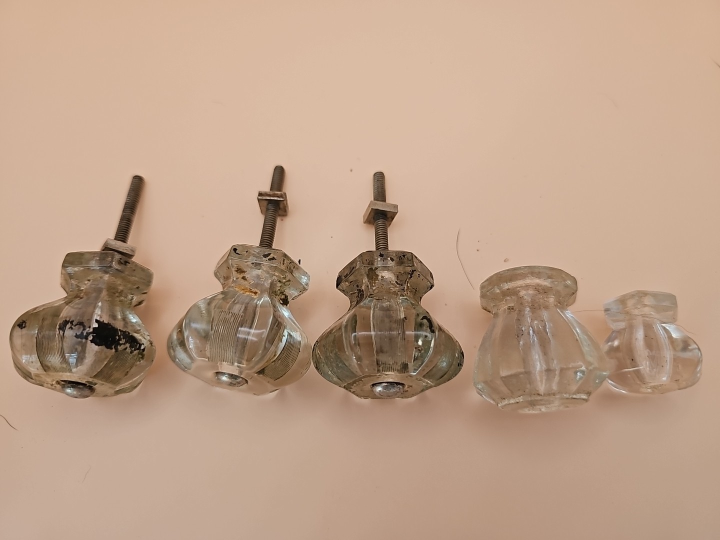 Vintage Six Side Hexagon Clear Glass Drawe Knob Cabinet Furniture Knobs Lot of 5