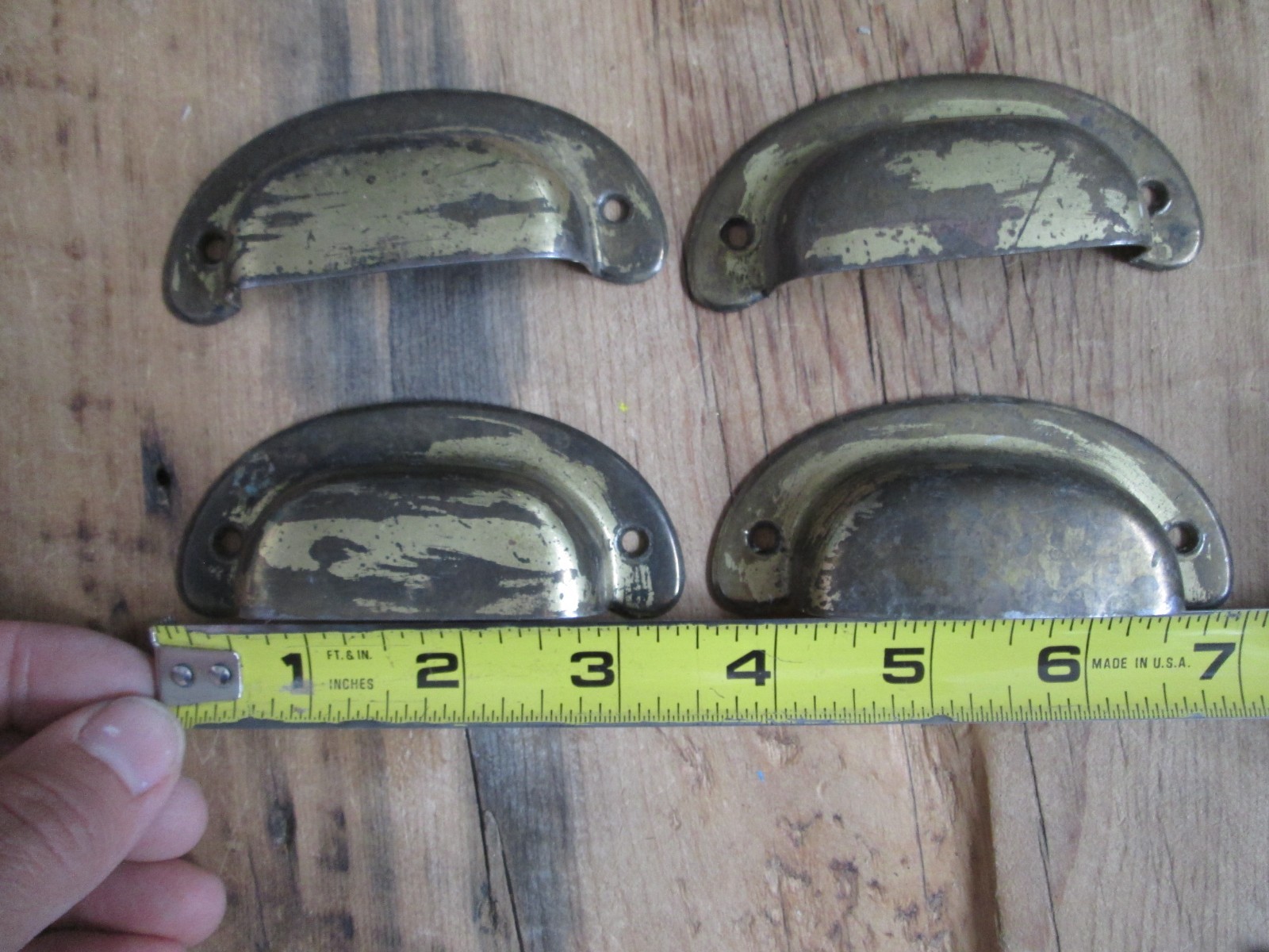 Vintage OLD Set 4 Drawer Cup Pull Antique Brass Bin Cabinet Classic Shaker Style