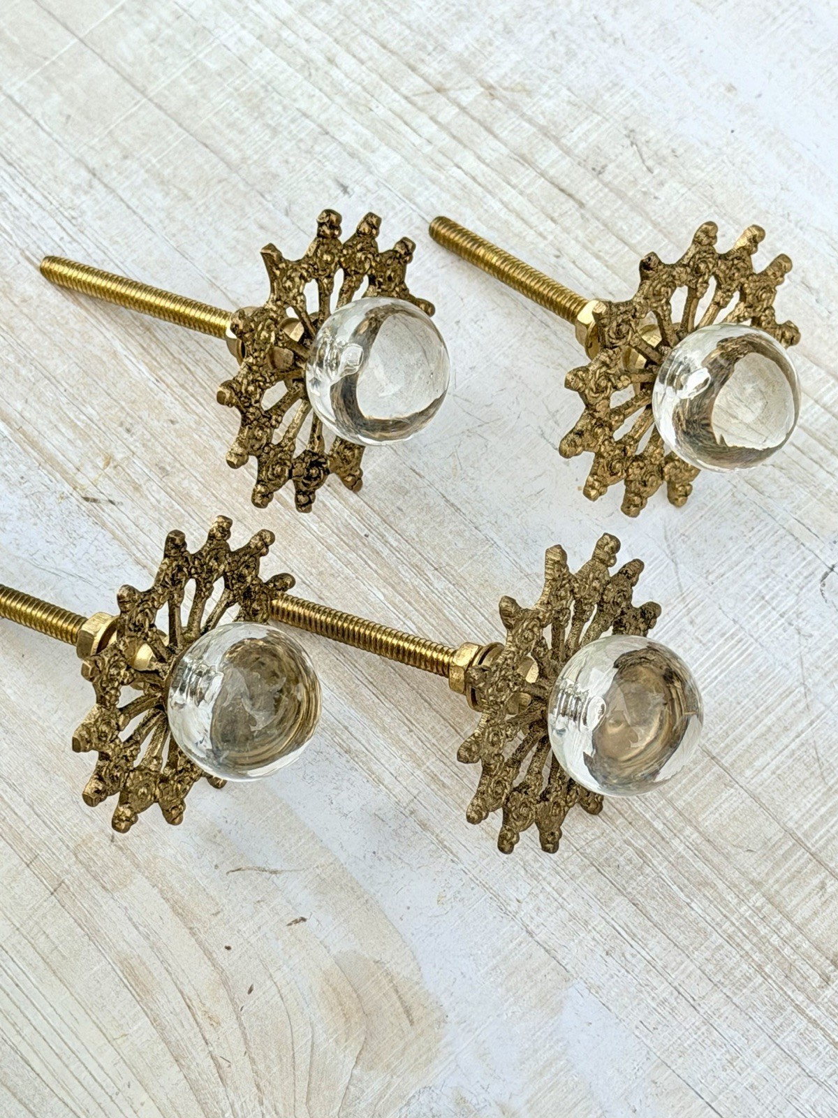 4 Antique Glass Drawer Pull Handle Clear Smooth Cabinet Knob Brass Ornate Base