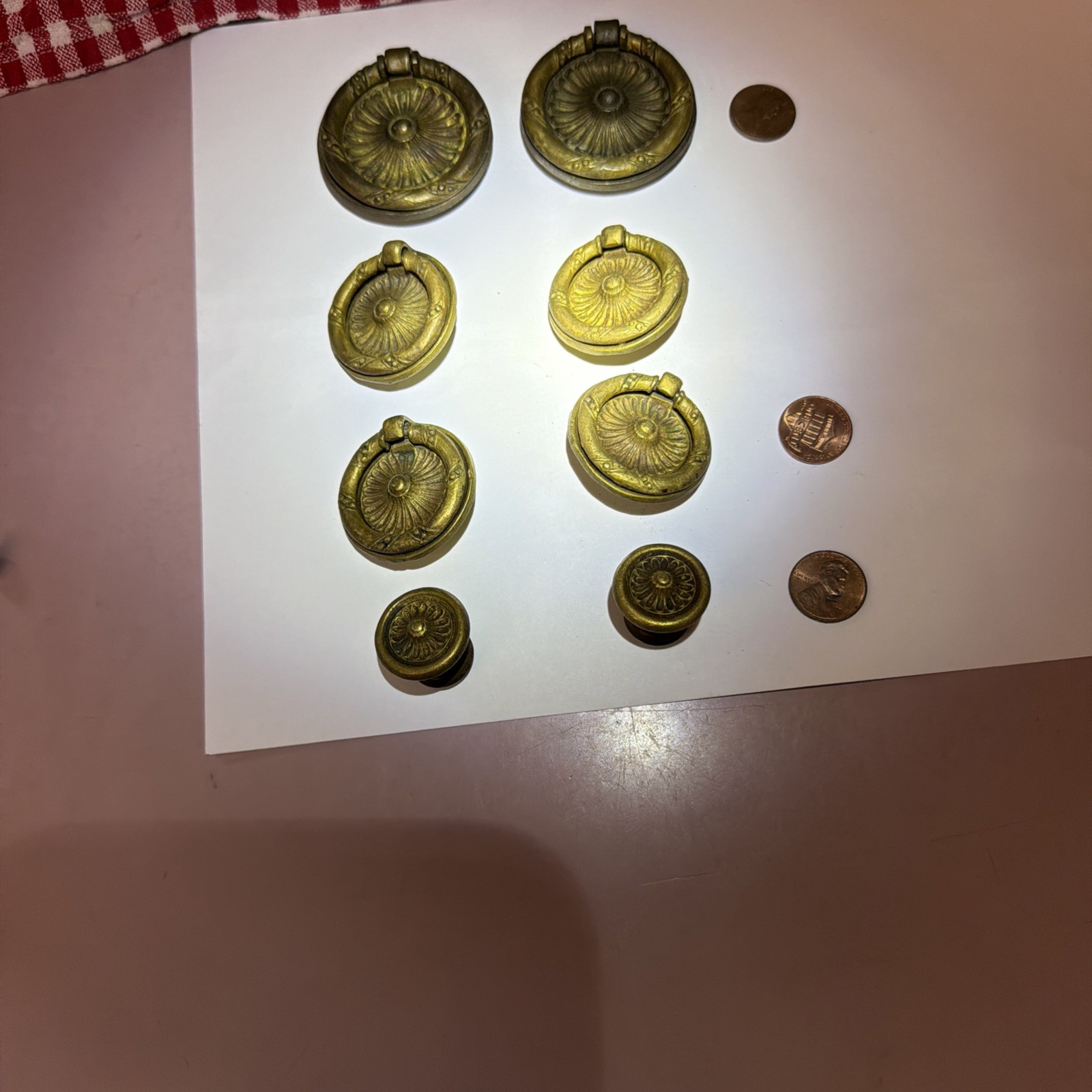Vintage Brass Floral Ring Drop Cabinet Drawer Pull Furniture Replacement 8 Pcs