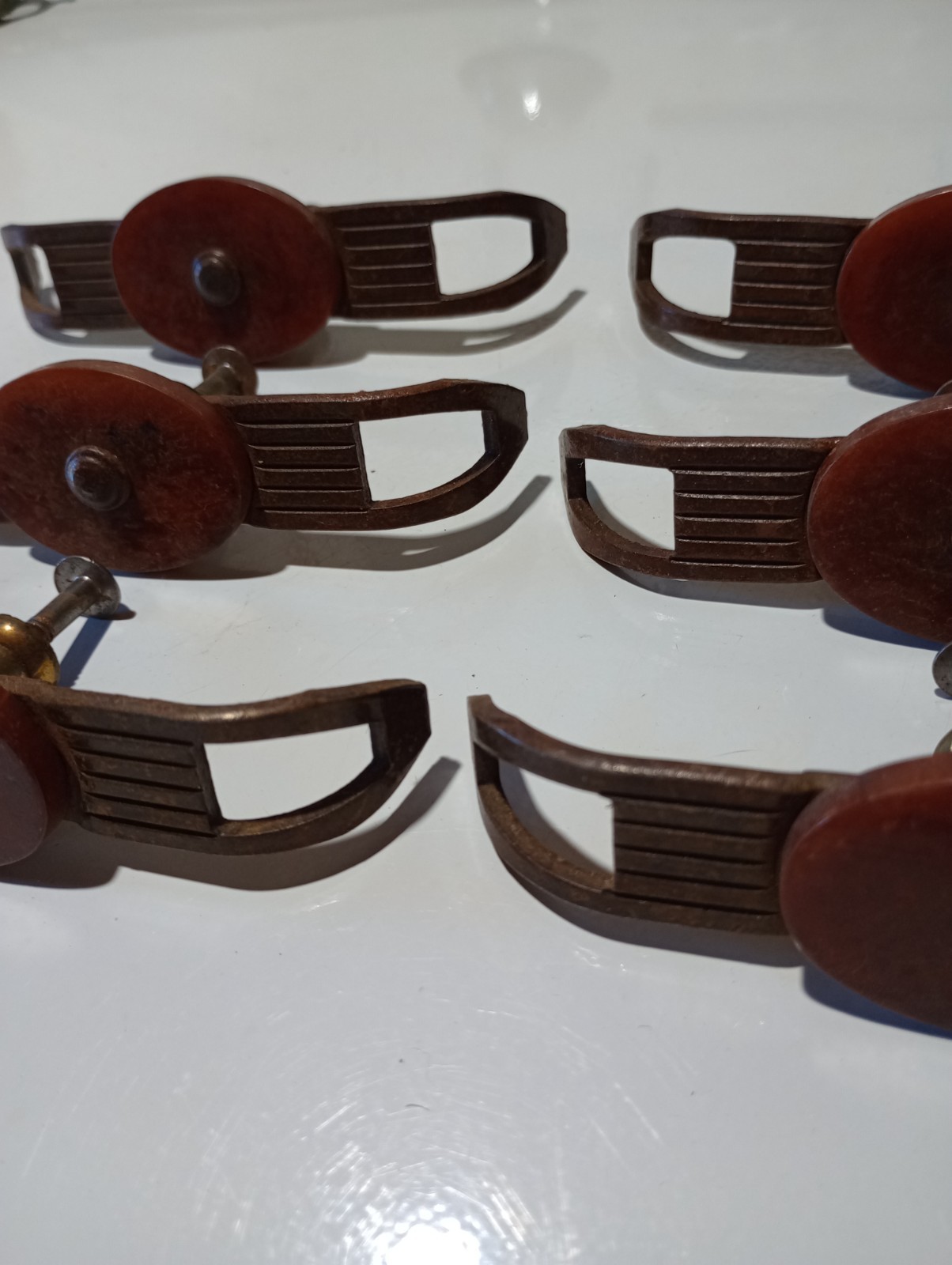 Vtg. Drawer Pulls, Brass, Bakelite, Art Deco, 4″ x 3/4″, set of 6 Rare