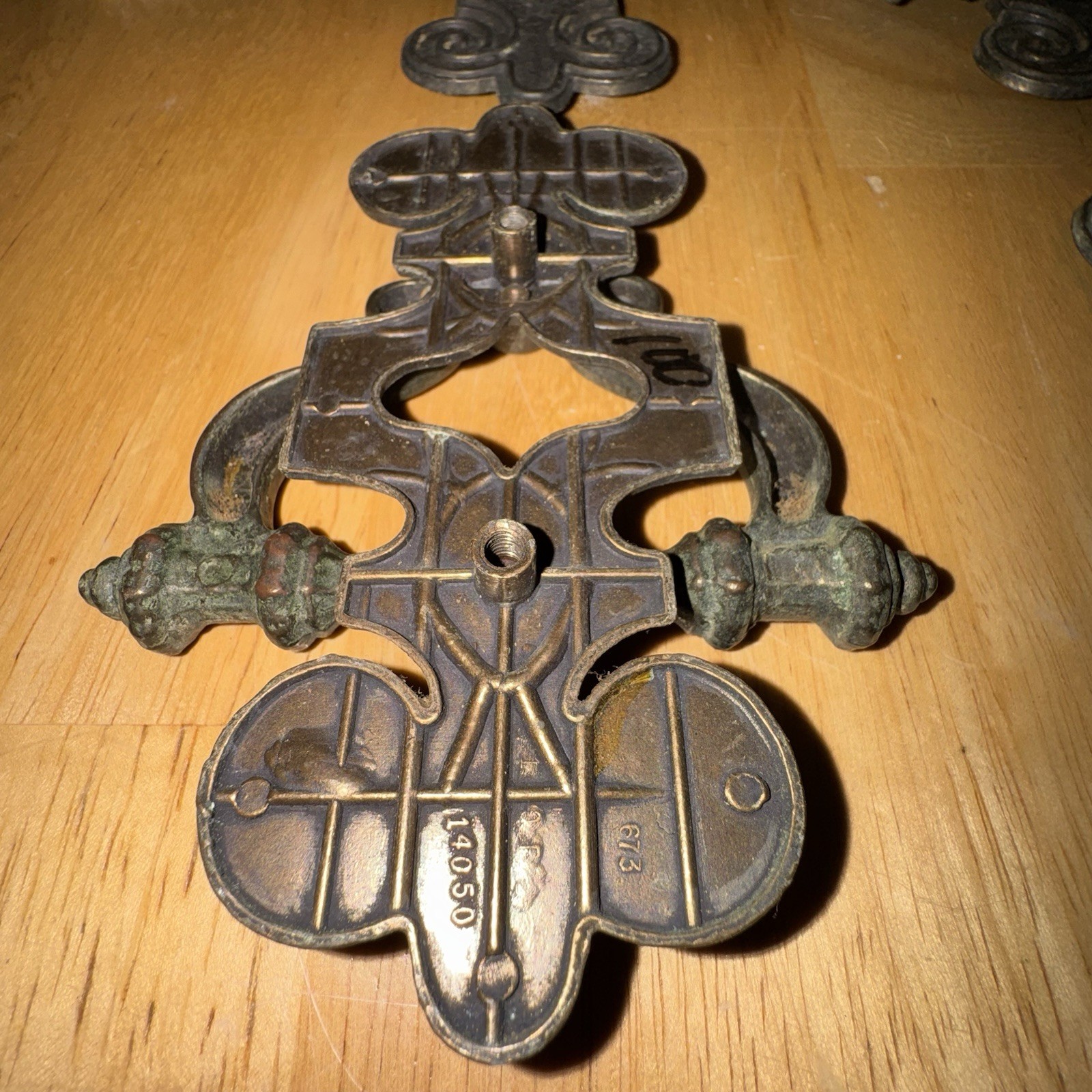 9 Ornate Vtg. Brass Celtic Drawer Bail Cabinet Door Ring Pull Handle & Backplate