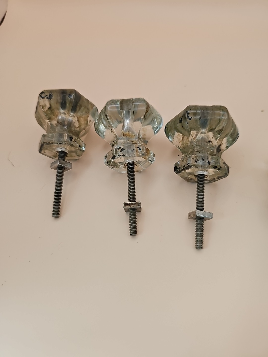 Vintage Six Side Hexagon Clear Glass Drawe Knob Cabinet Furniture Knobs Lot of 5