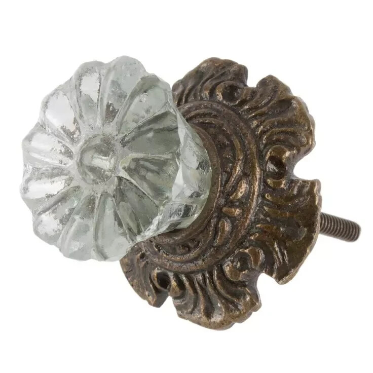 ONE; Vintage-Brass Metal Flower Crystal Clear Glass bronzed Knob Handle pulls