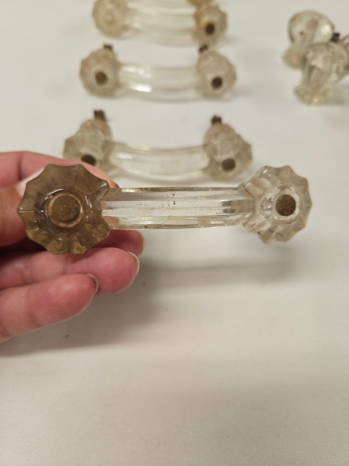 LOT of 11 Vintage Clear Glass Furniture HARDWARE Knobs Drawer Pulls 3” Center