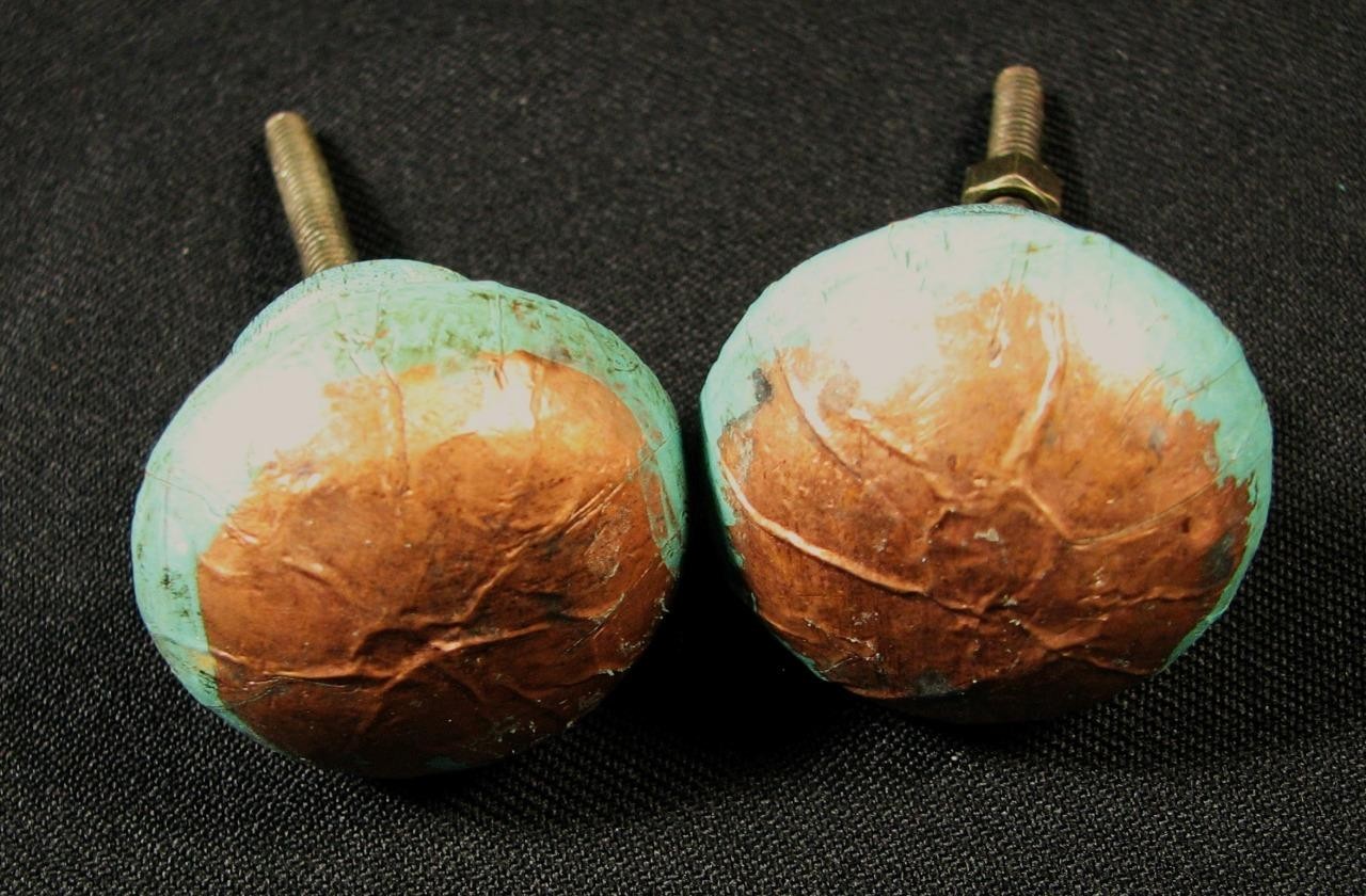 2 Antique Vintage Wood Copper Skin Green Distressed Drawer Pulls Handles Knobs