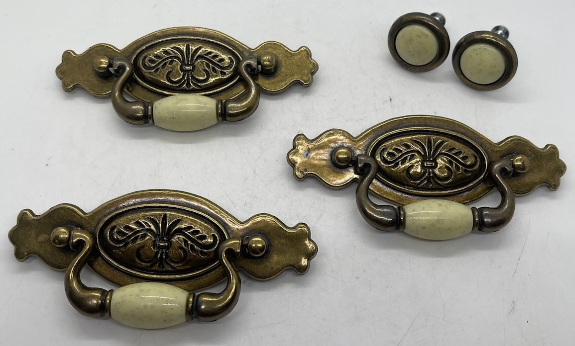 Brass Drawer 3 Pulls And w Knobs With Beige Ceramic Bead Center Vintage