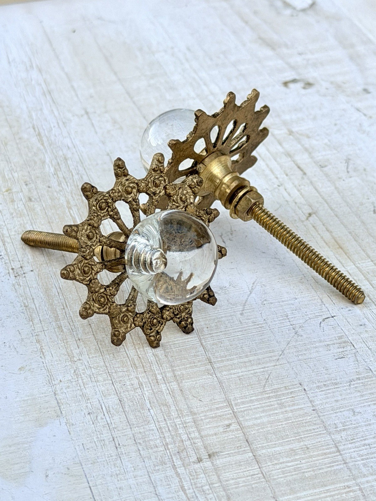 4 Antique Glass Drawer Pull Handle Clear Smooth Cabinet Knob Brass Ornate Base