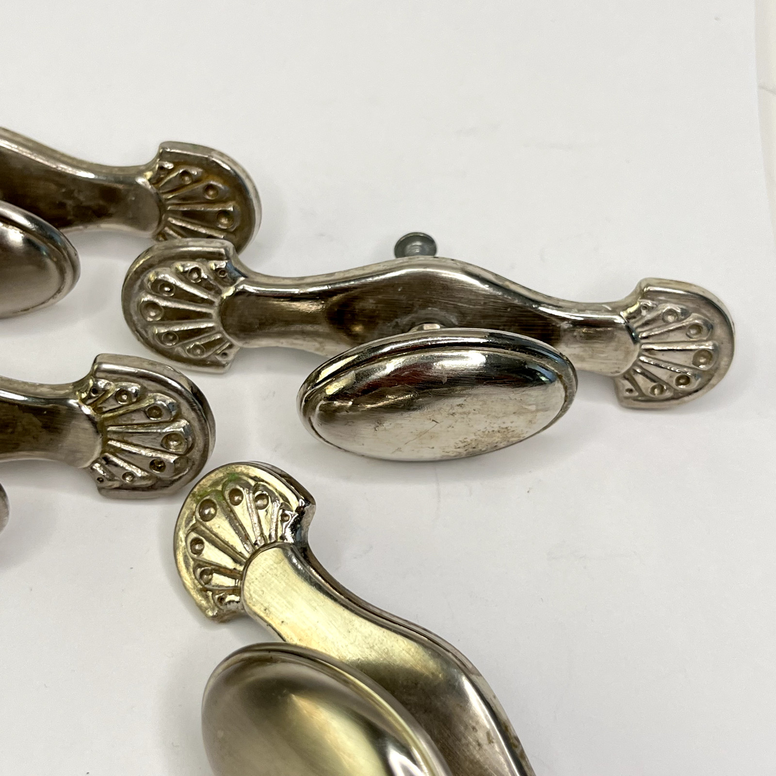 Four Vintage Drawer Pulls Handles Lot of Oval Knobs brushed nickel plate C