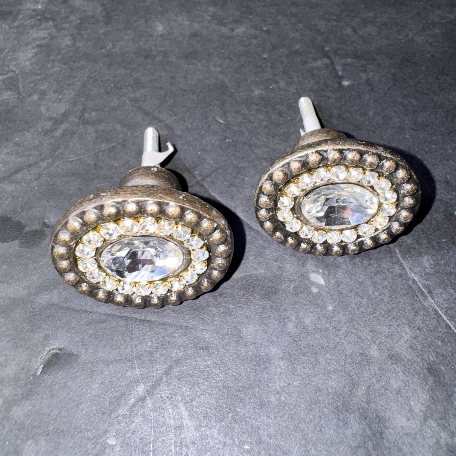 Set of 2 Vintage Rhinestone Oval Drawer Knobs Pulls Bronze Tone Cabinet Hardware