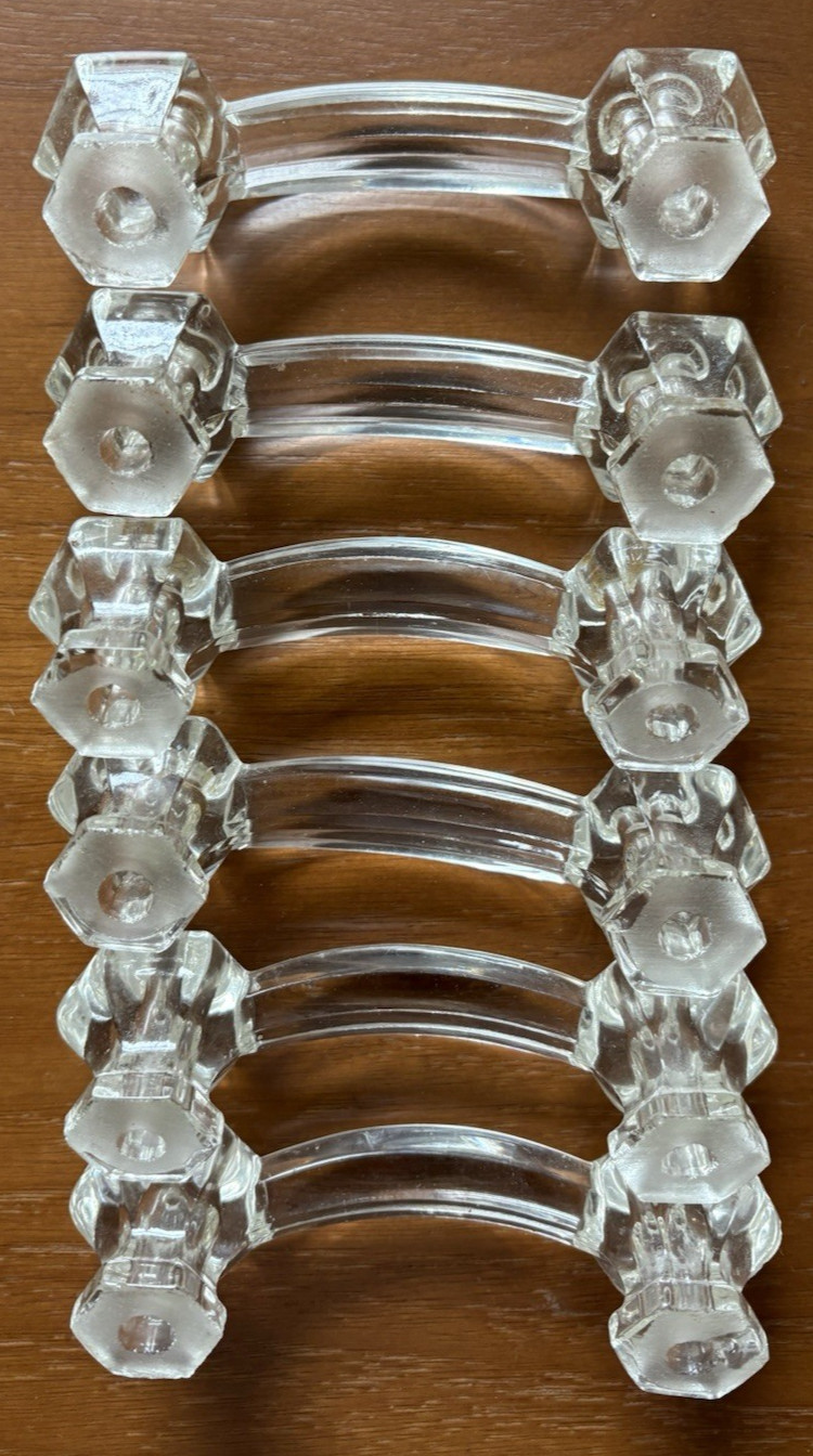 Lot of 6 Vintage Hexagon Clear Glass Knobs Handle Pulls Reclaimed Kitchen Bath