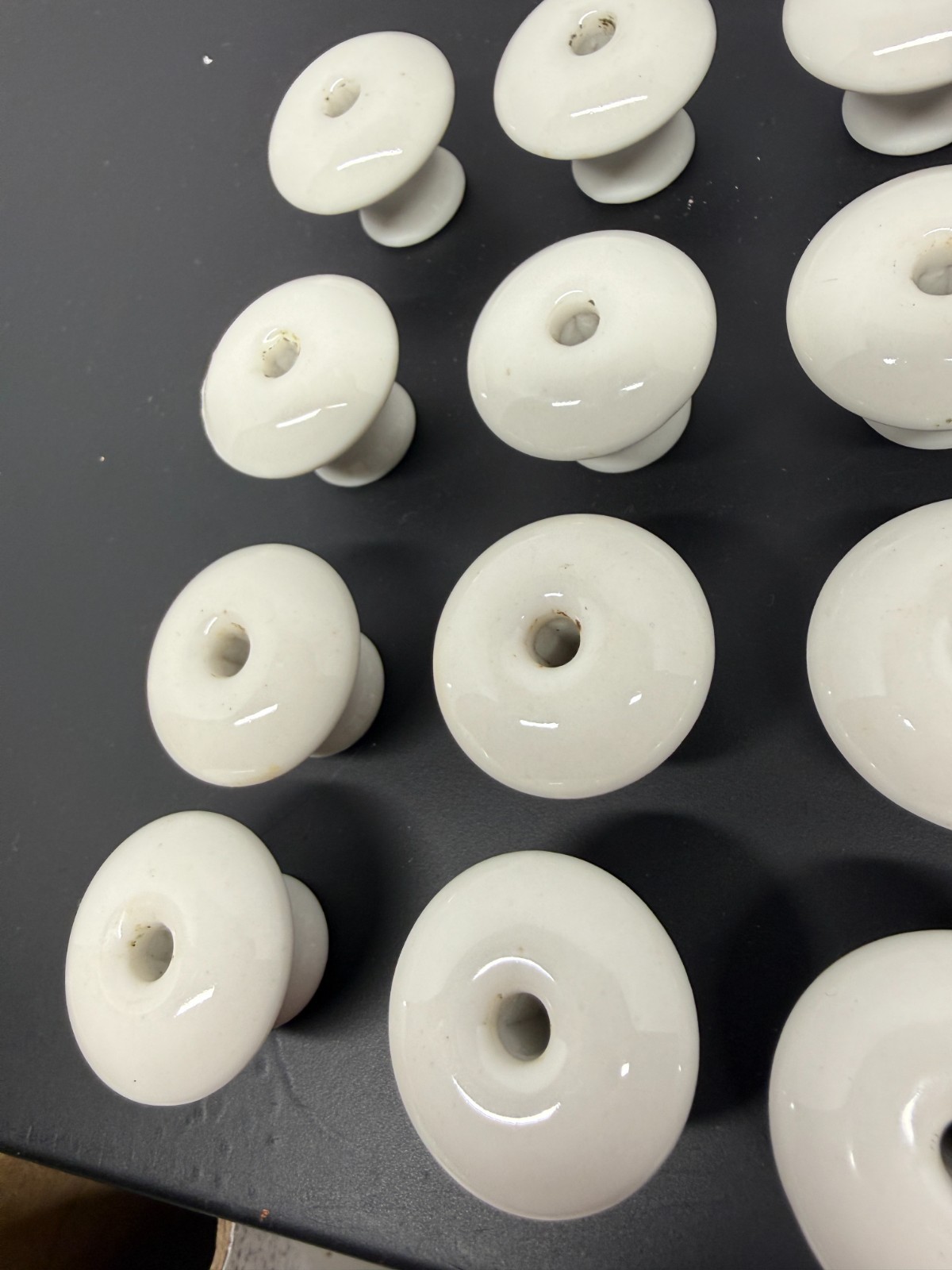 Group of 16 Vintage White Porcelain Pull Drawer Knobs w/ Screws 1-1/4″ Wide
