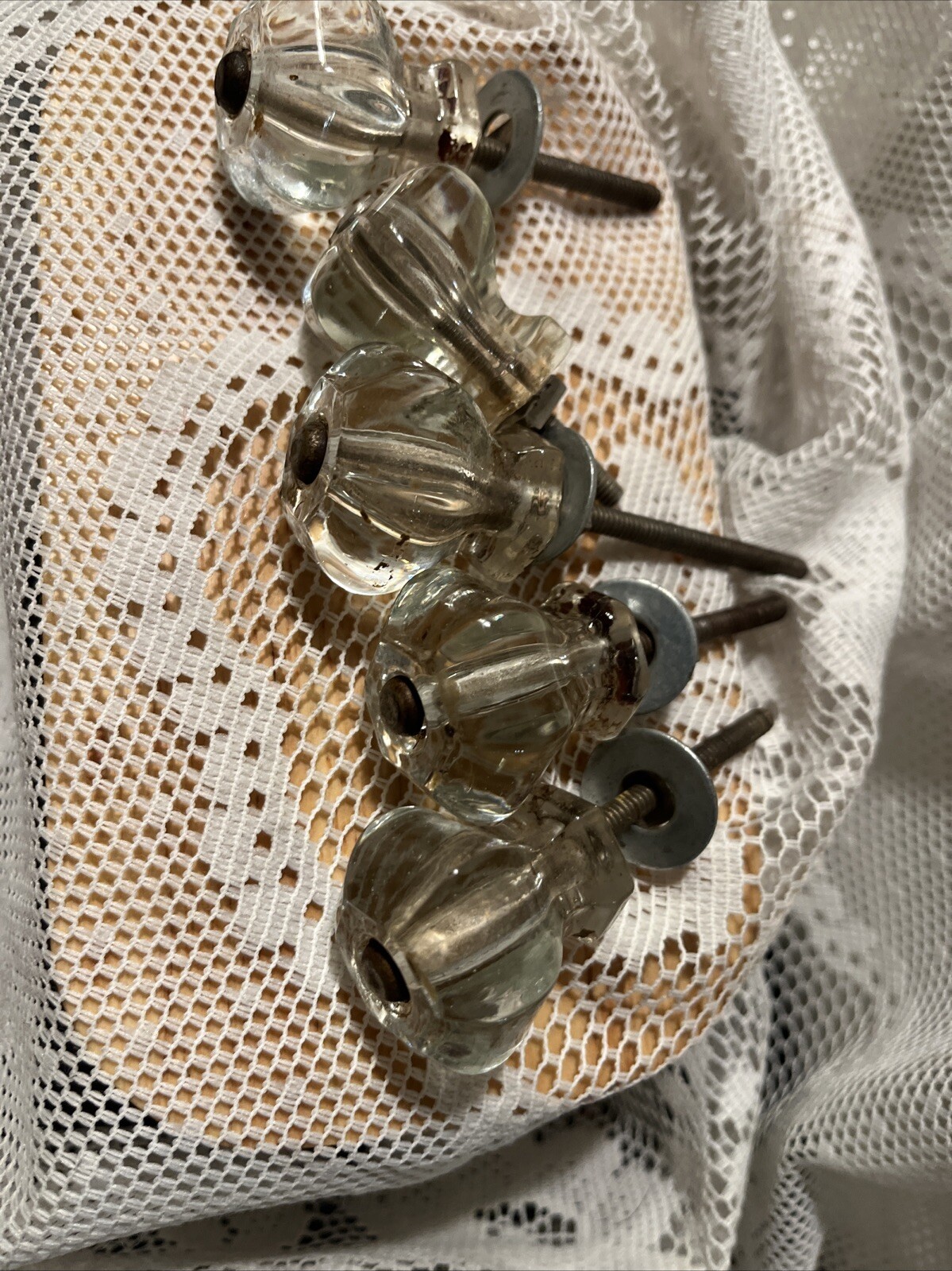5 Vintage Antique Clear Glass Hexagon Dresser Drawer Cabinet Pulls Knob 1 1/2″