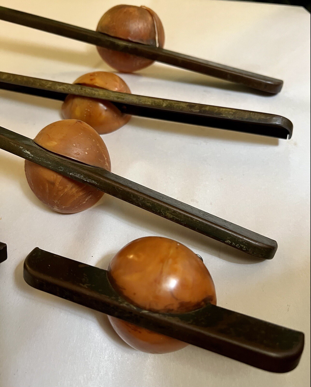 6 Rare Mid Century Modern/Retro Cabinet Drawer Pull Set, Copper And Bakelite?