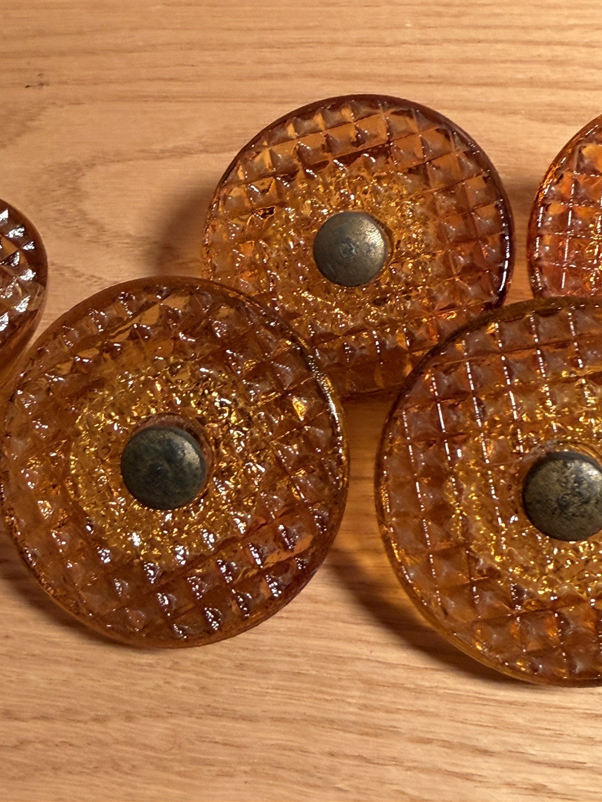 Art Deco Amber Glass Waffle Textured Large Drawer Pulls Set of 6