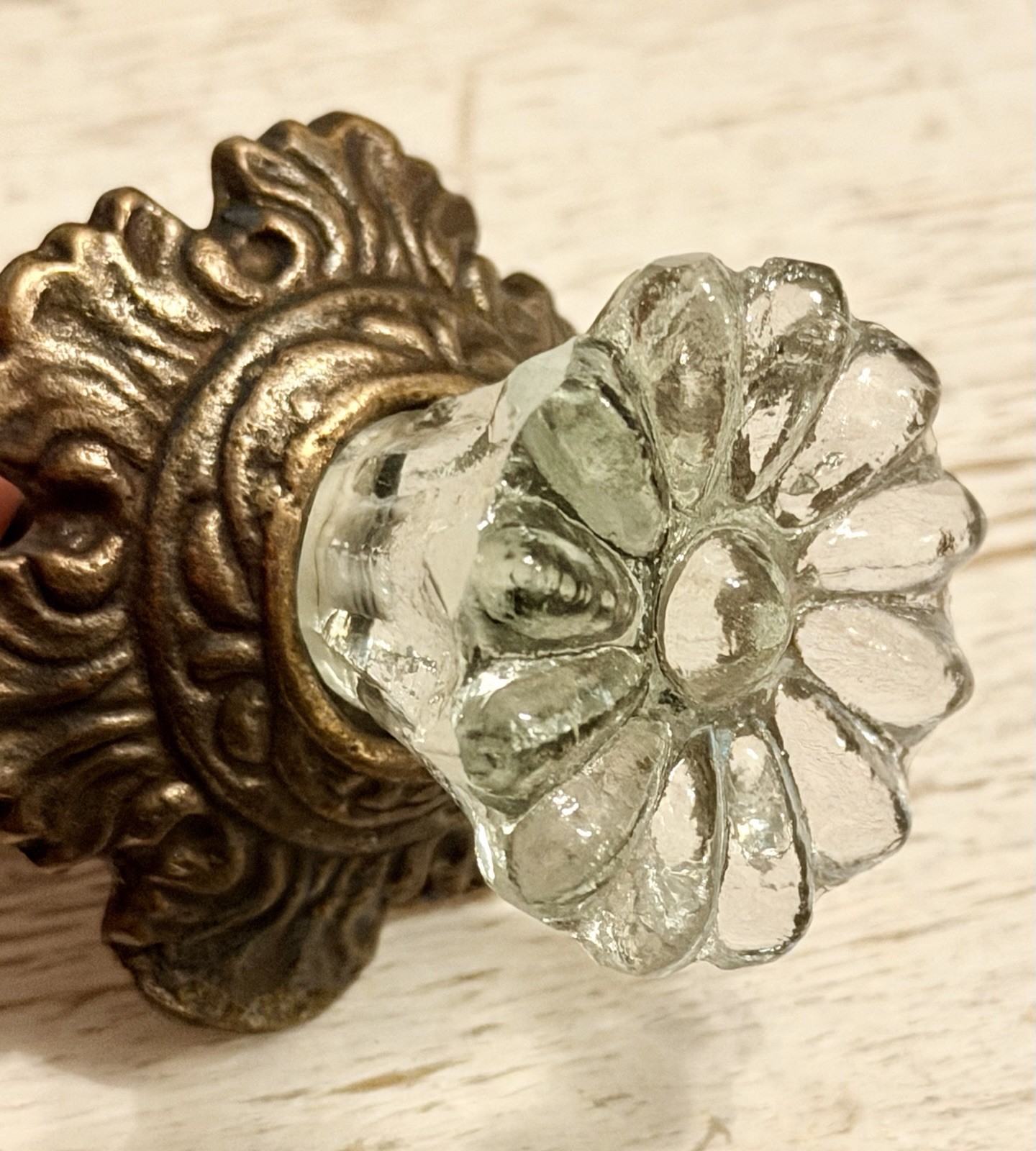 2 Antique Brass w/Glass Drawer Pulls Hardware Handles Vintage Cabinet Door Knob