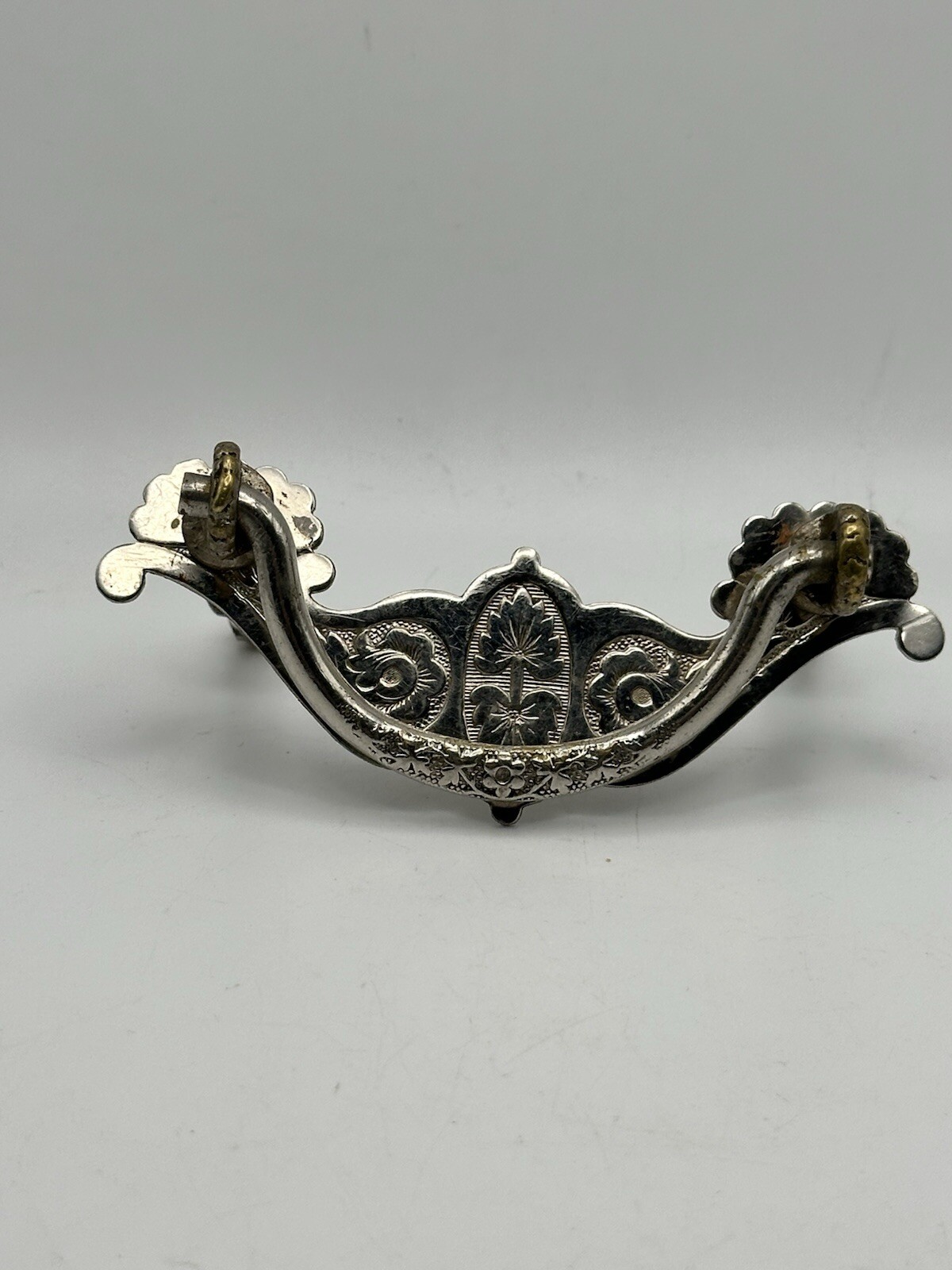 Two Tone Brass Drawer Pull Etched Punched Floral Design