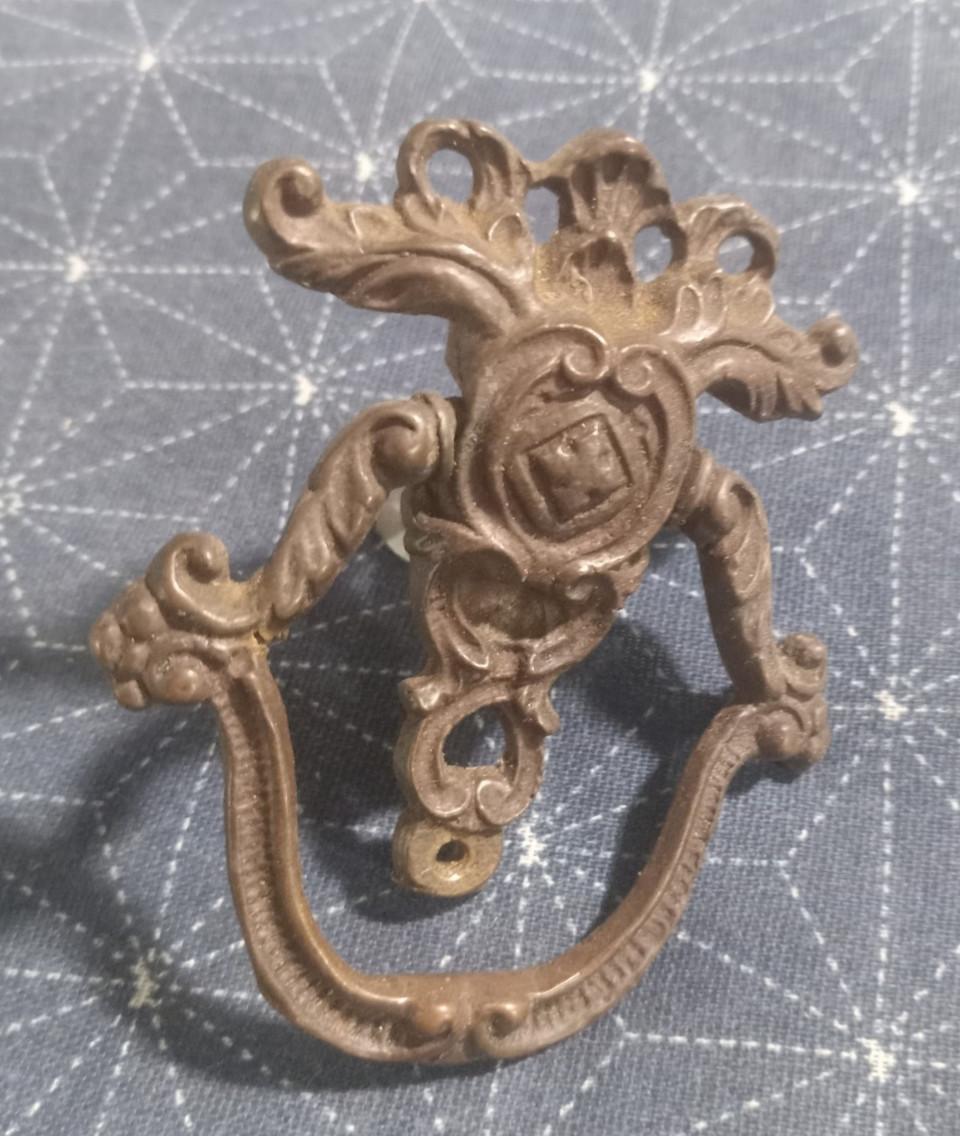 Antique Vintage Brass Ring Pull and Ornate Keyhole