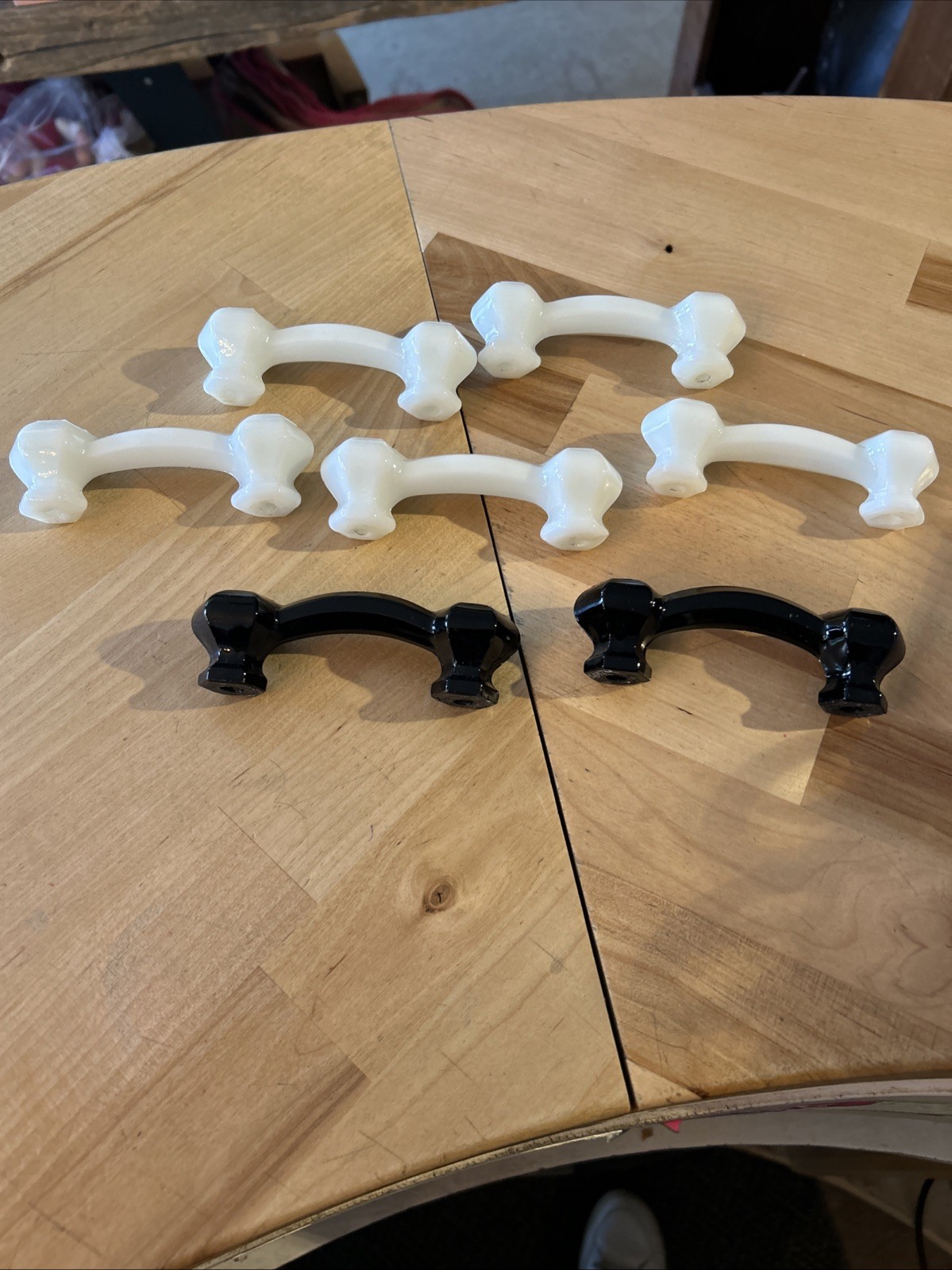 Lot 7 Vintage Milk & Black Glass Hex Cabinet Pulls 1930s–40s Art Deco Hardware