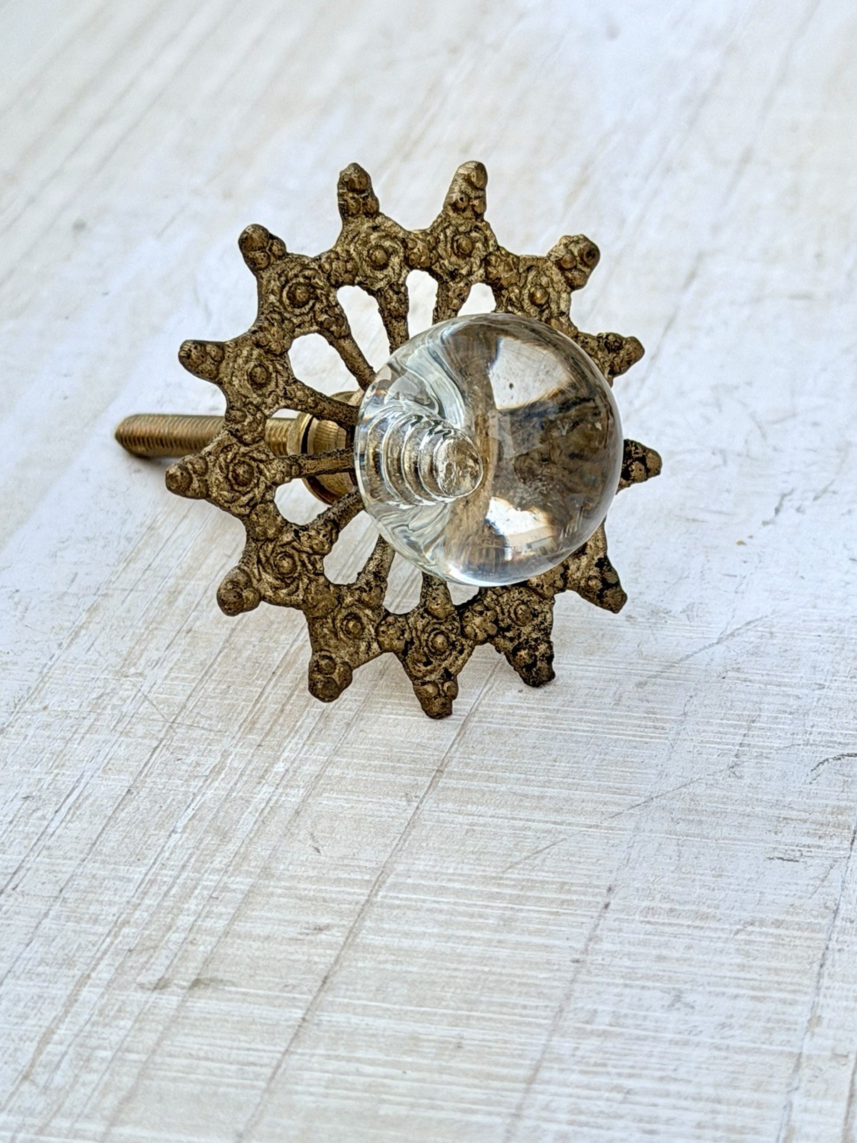 4 Antique Glass Drawer Pull Handle Clear Smooth Cabinet Knob Brass Ornate Base