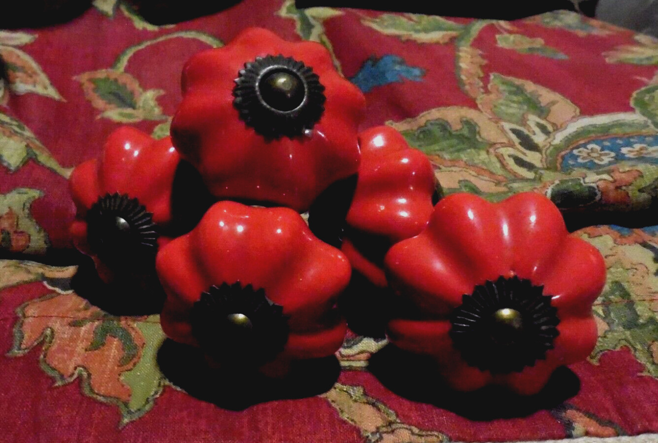 5 Red Rustic Drawer Cabinet Knobs Handles – Pumpkin Shaped Brass Hardware