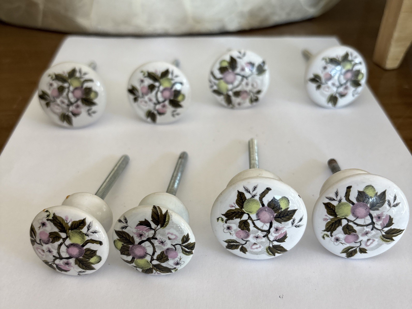 Vtg Porcelain Pulls/Knobs, White Painted Cherry Blossom Floral Design~Lot of 8