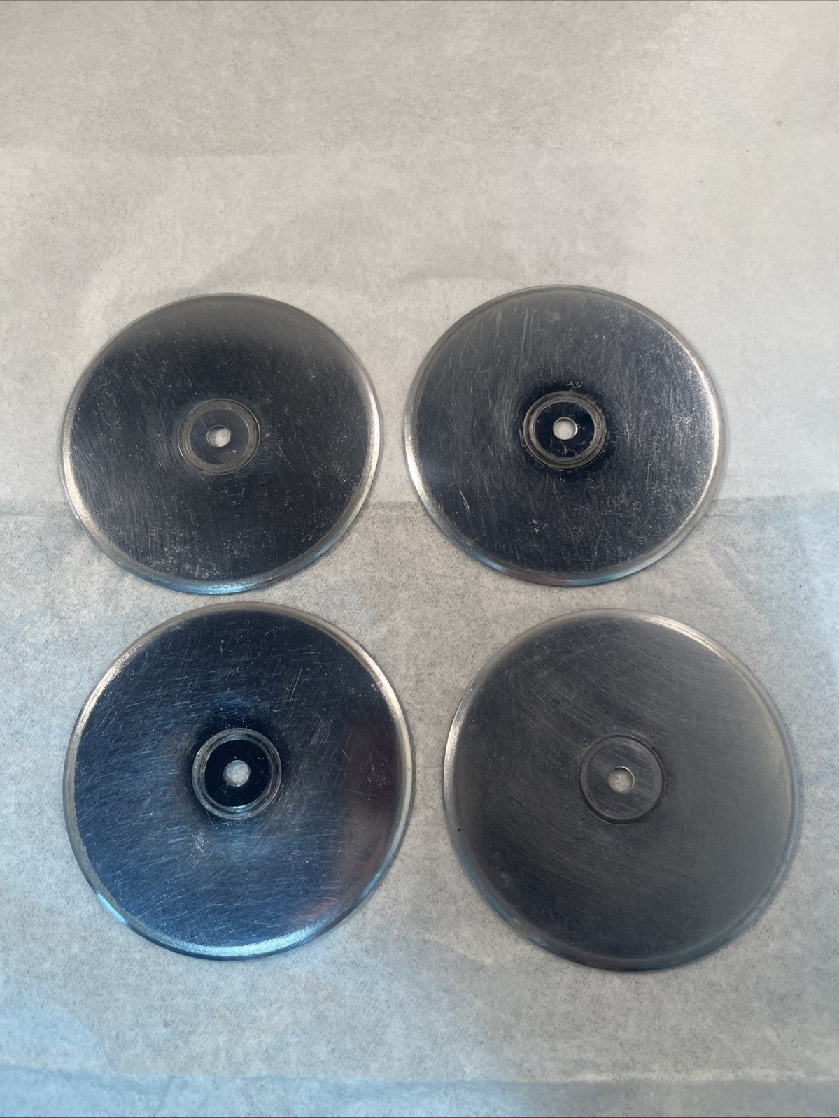 4 Vintage AJAX Shiny Chrome Beveled Concave 2″ Round Knobs & 2.75” Back Plates