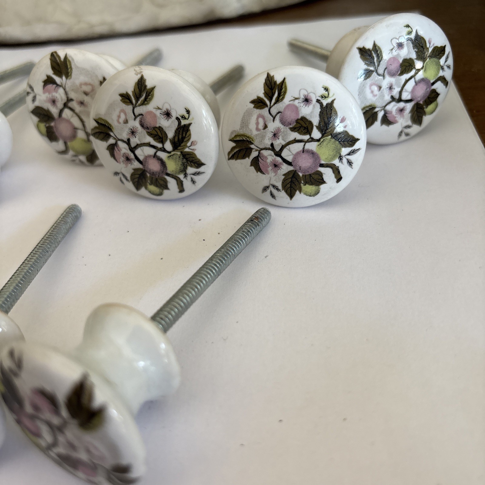 Vtg Porcelain Pulls/Knobs, White Painted Cherry Blossom Floral Design~Lot of 8