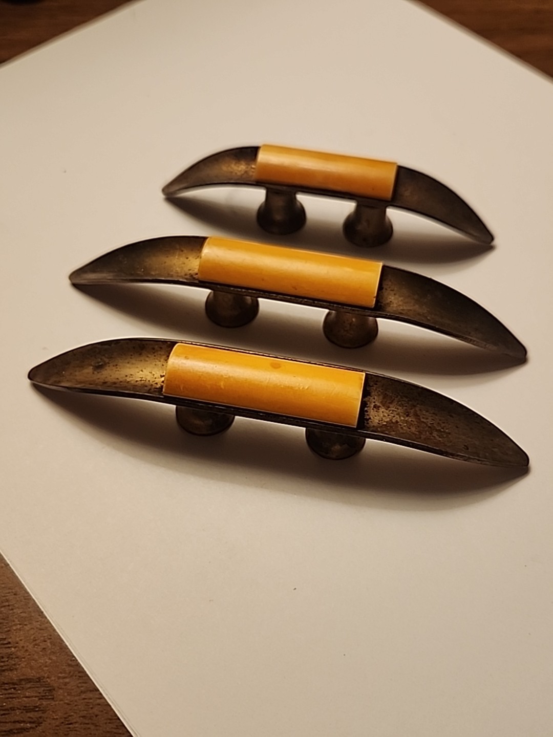 3 Vtg Art Deco Brass Cabinet Drawer Pulls Bakelite Centers Rare Retro Salvage
