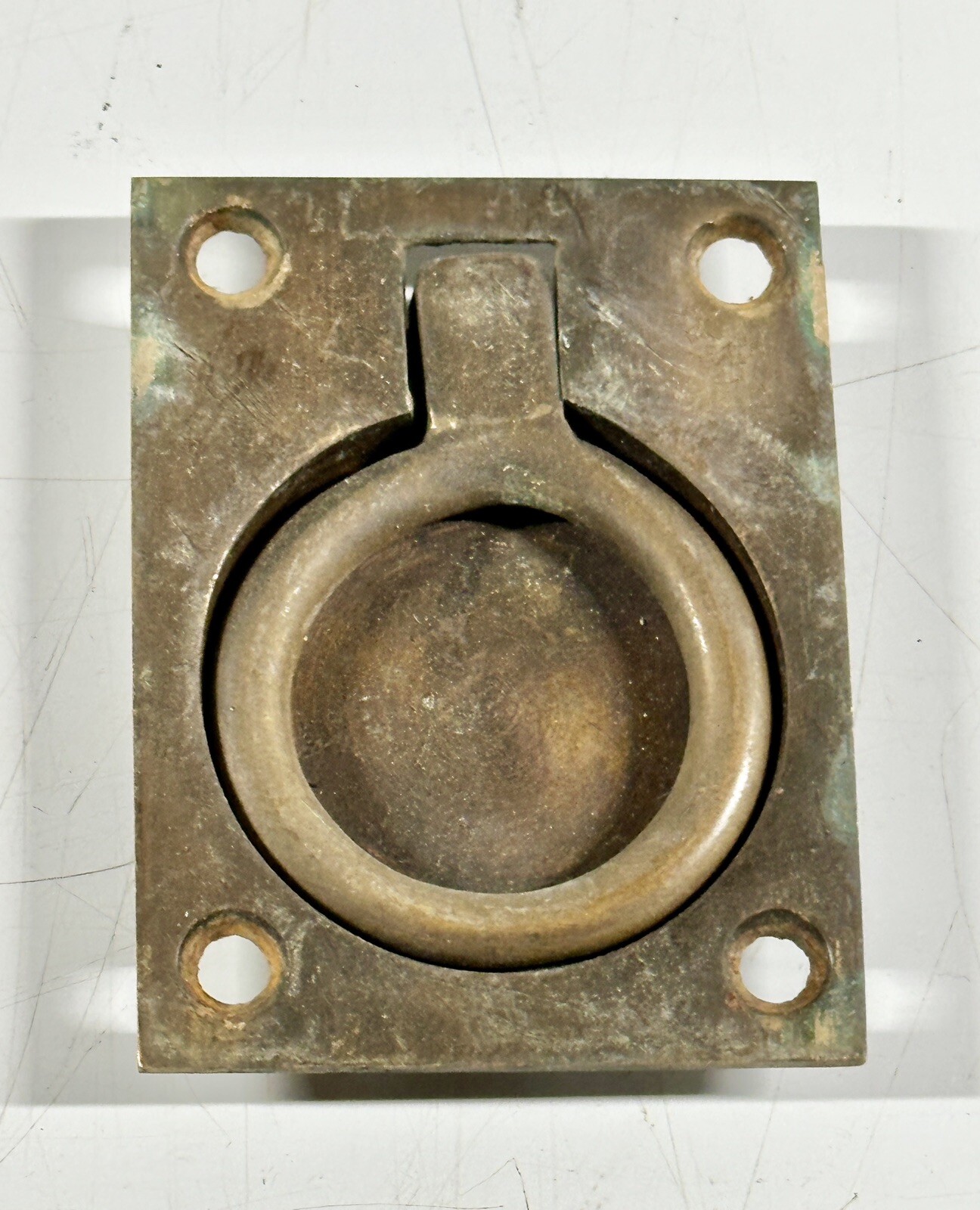 2 (Two )ANTIQUE BRASS RECESSED RING Campaign Georgian Chest Handle 2”x2-1/2”